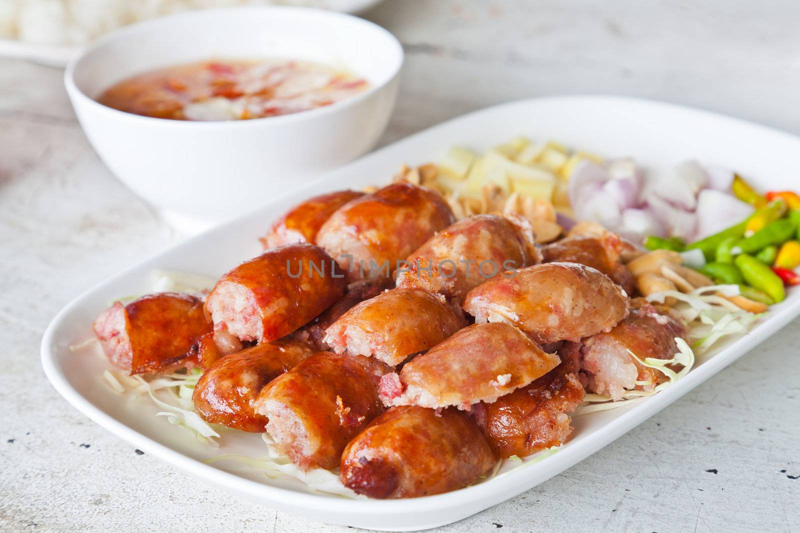 Thai food, Sausage grill style on plate of northeastern Thailand