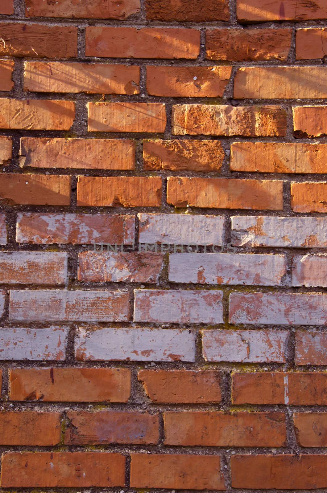 Wall made of red and colored bricks. Architectural decision.