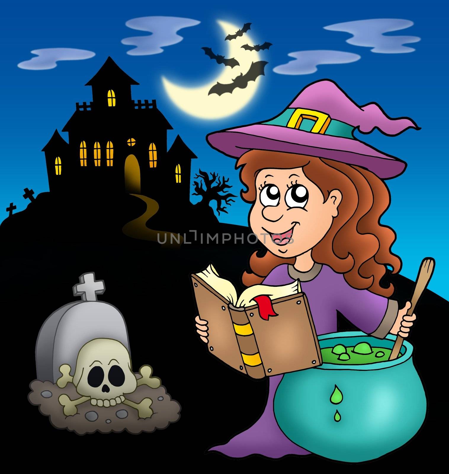 Cute witch with potion and mansion by clairev