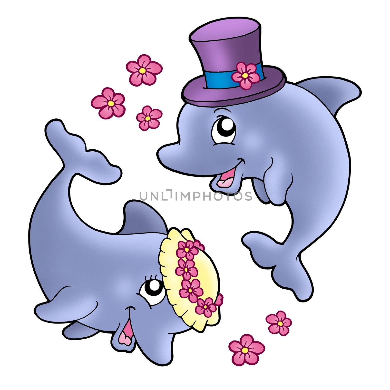Pair of cute wedding dolphins - color illustration.