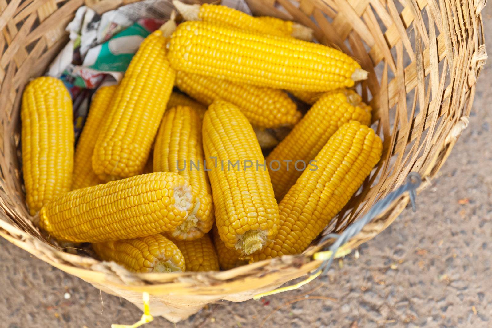 fruit, raw corn in wicker basket by FrameAngel