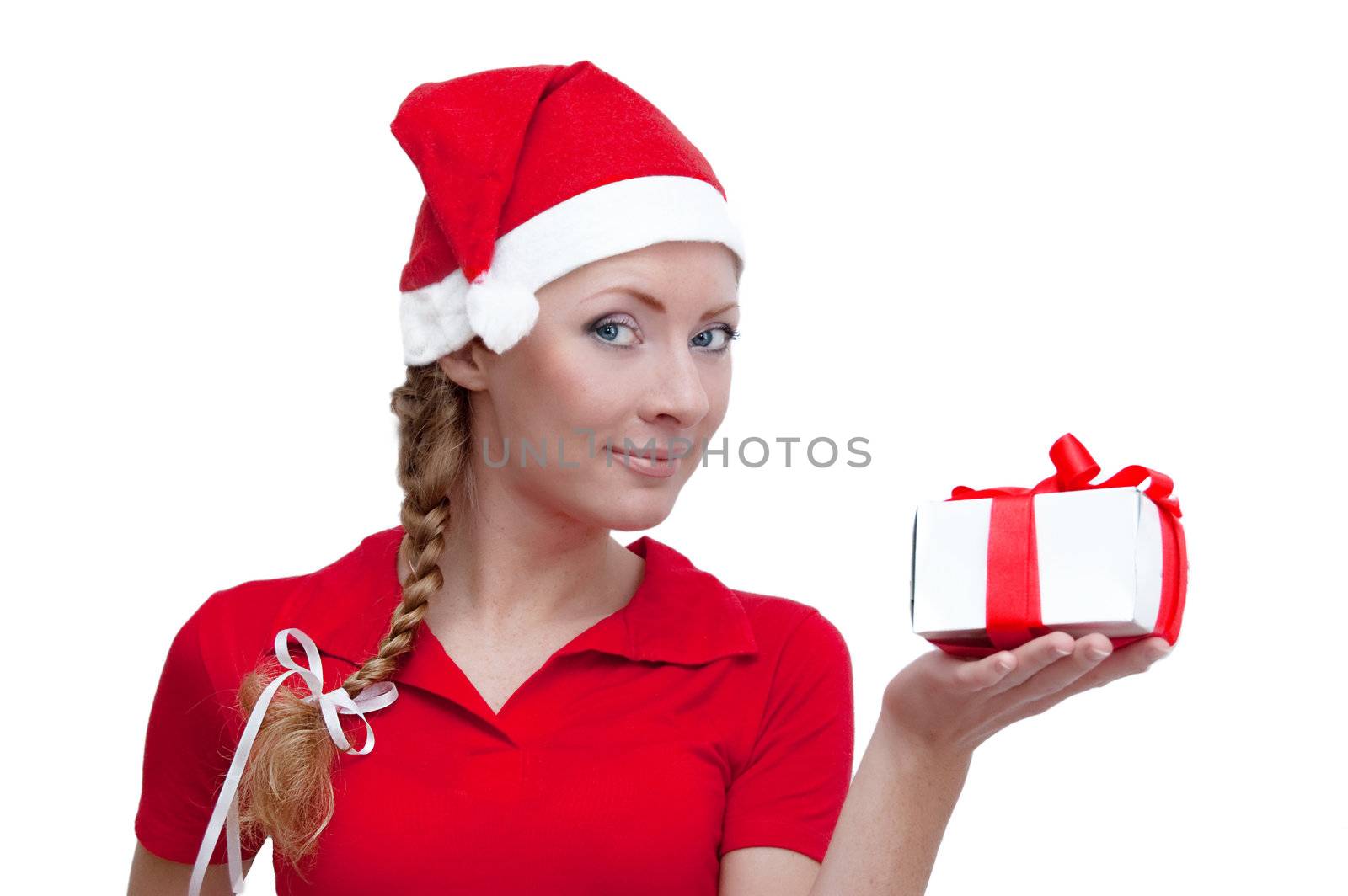 Joyful Santa helper weth present box over white