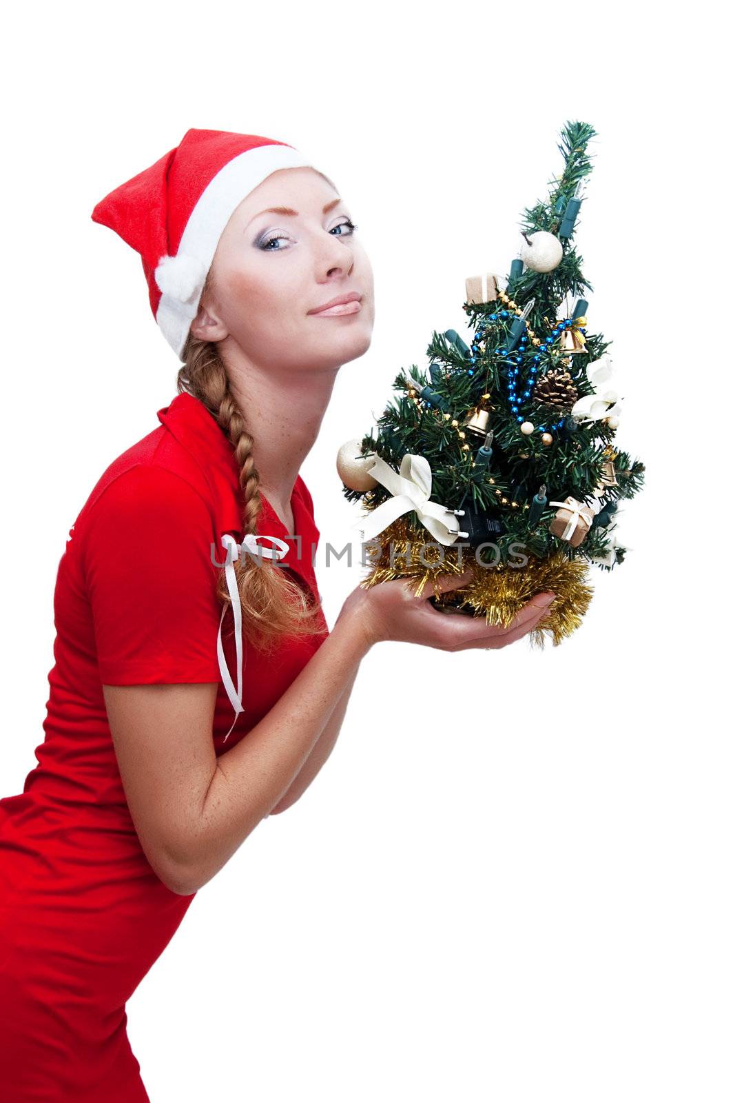Joyful santa helper with Christmas tree over white