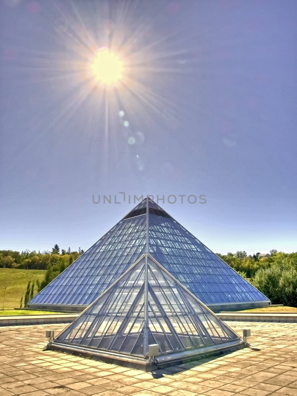 Pyramid conservatory on a bright summer afternoon.