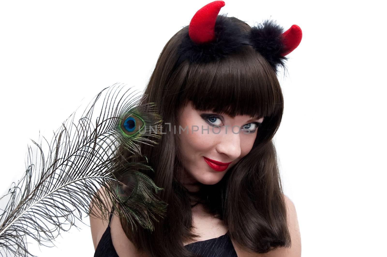 Devilish woman with horns over white