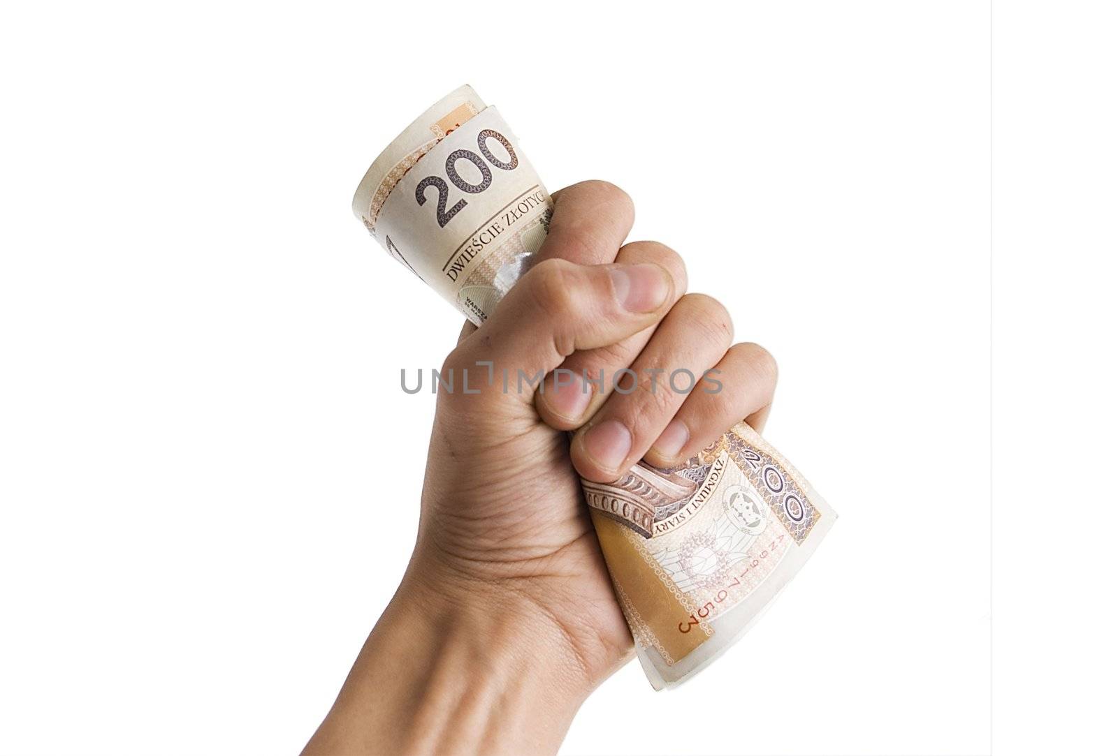 financial concept - hand grabbing dollars isolated on white
