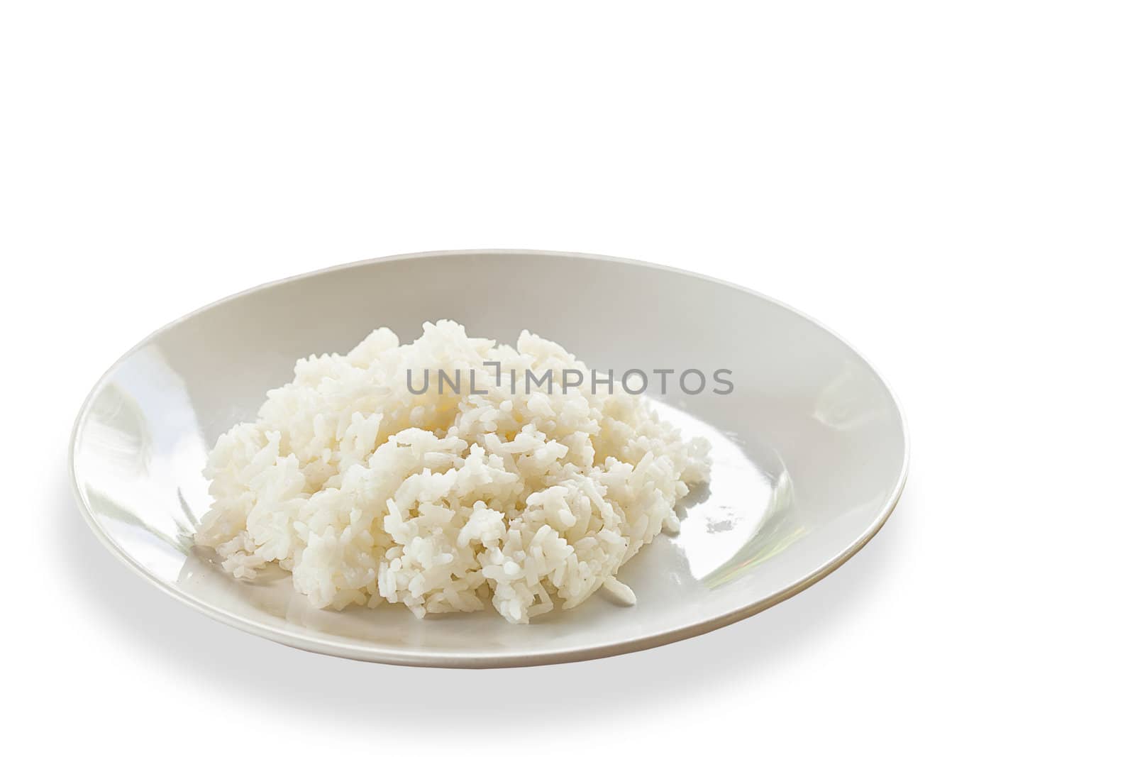 Thai food, jasmine rice cooked on plate, on  white background by FrameAngel