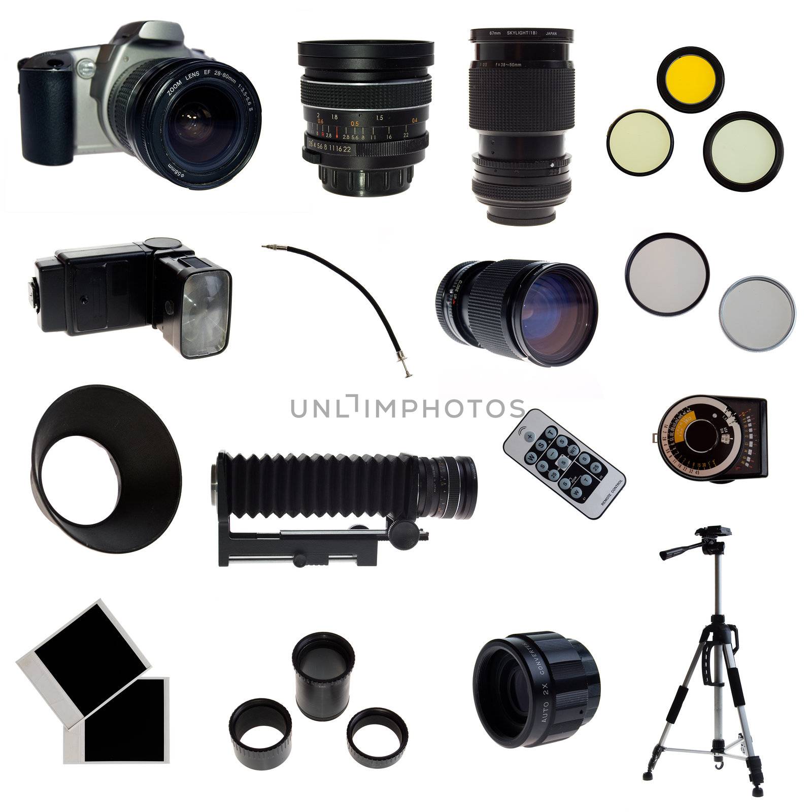Photographic equipment set. 16 elements isolated on white.