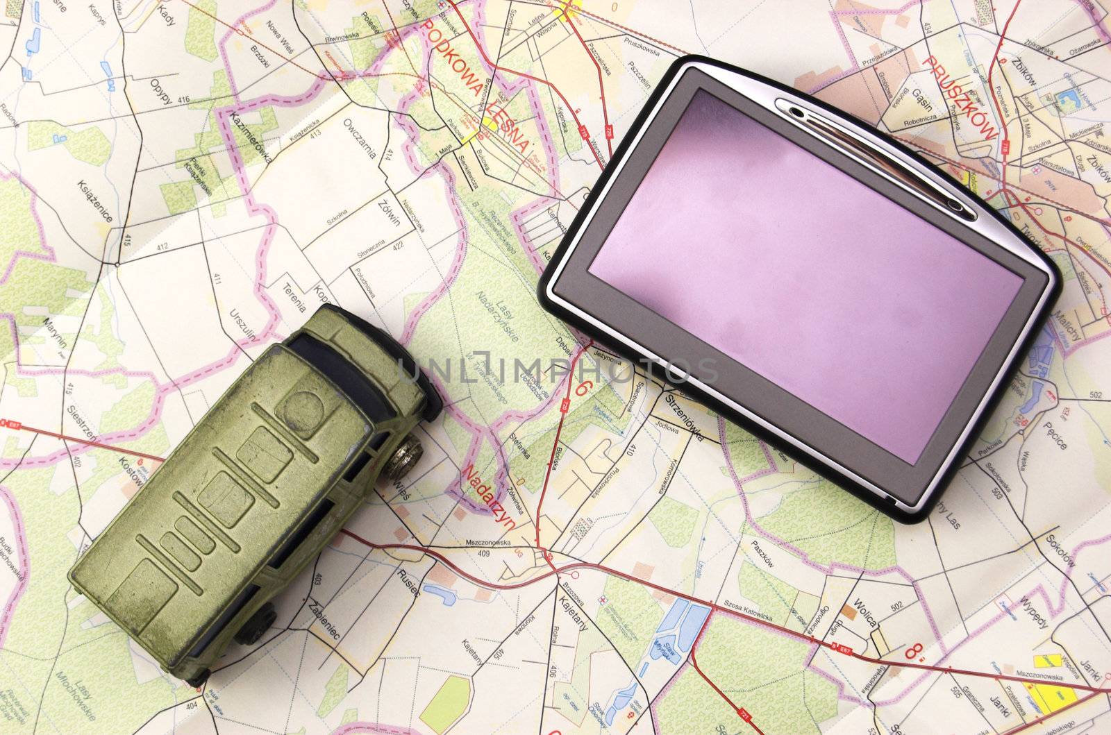 GPS - global positionung system and car on old map