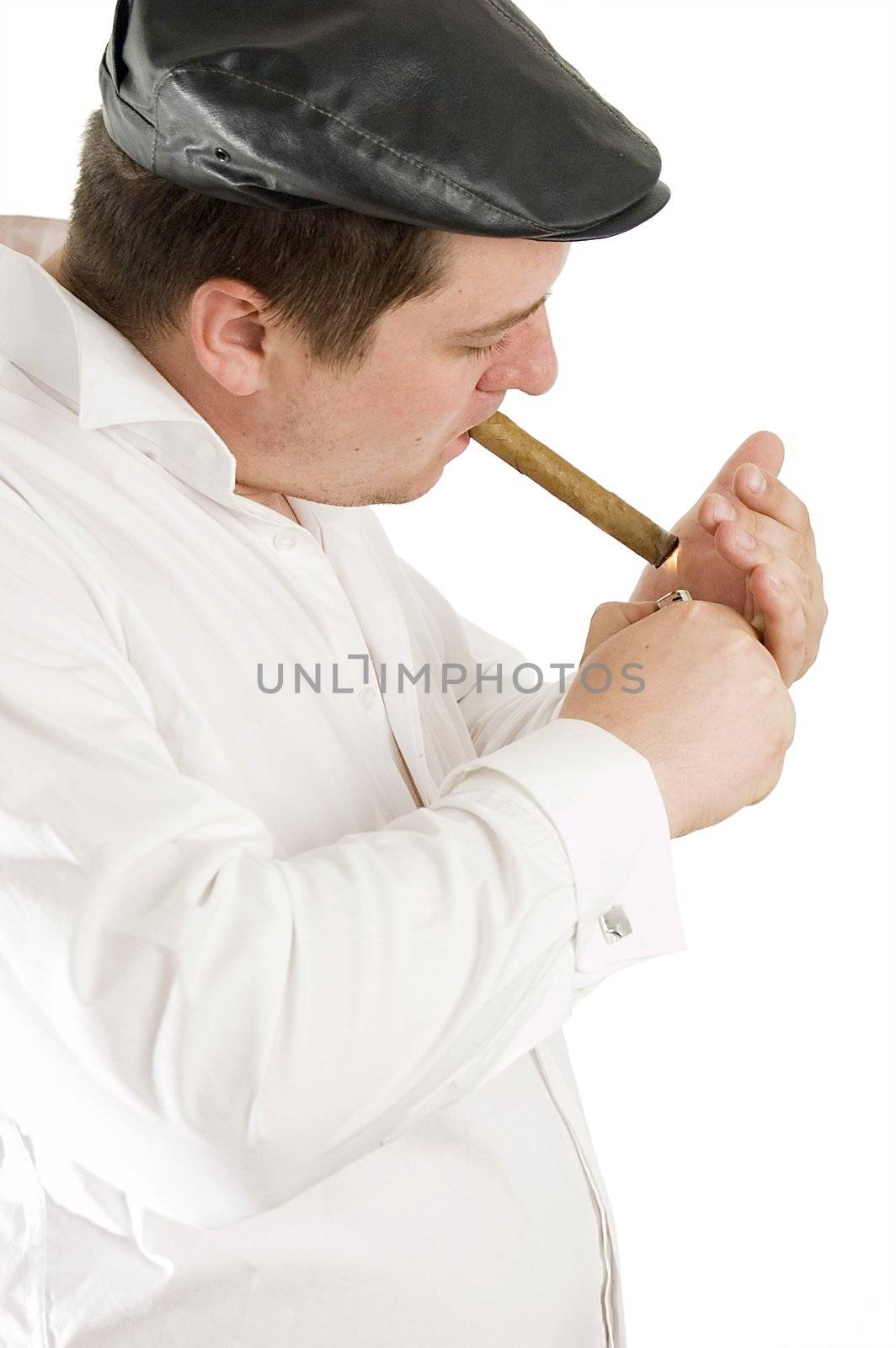 Macho man smoking cigar. Portrait over white background.