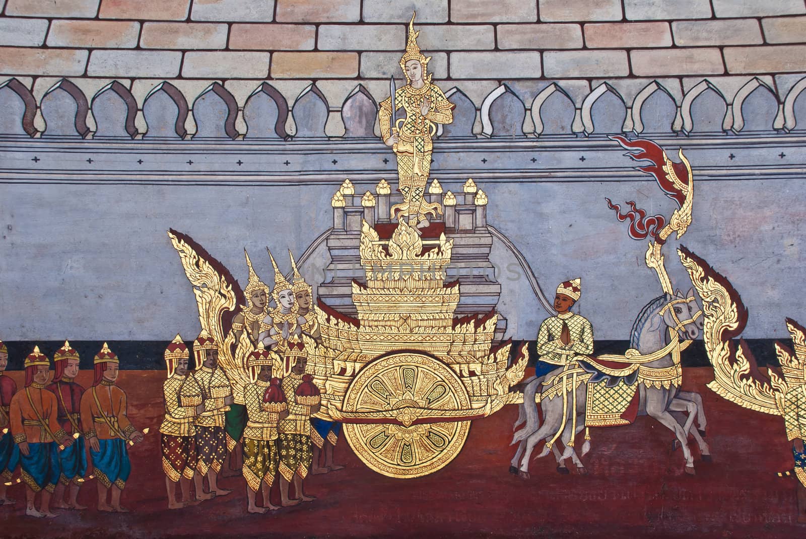 Thai temple mural in the ground of Wat Phra Kaeo at the Grand Palace, Bangkok, Thailand.