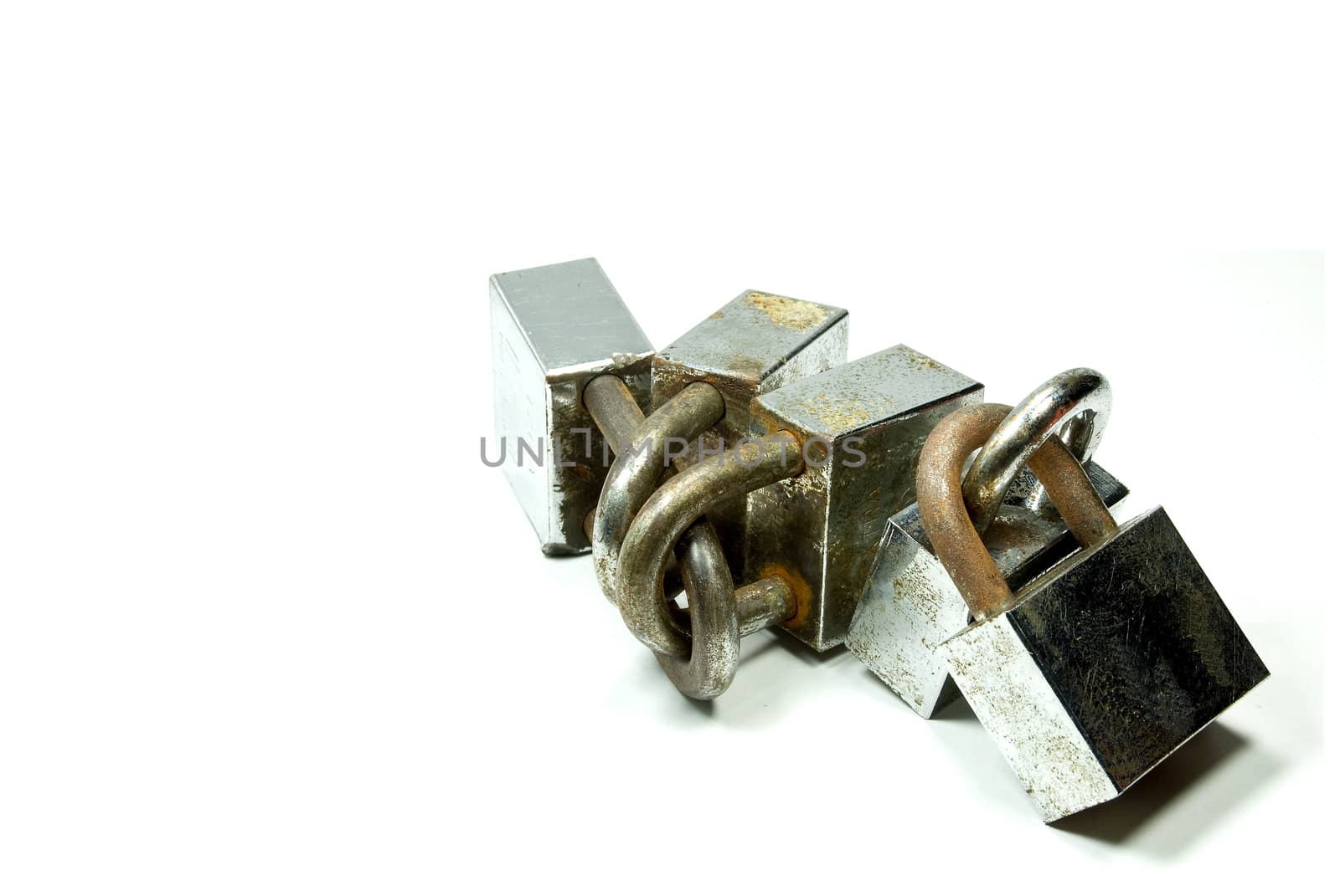 Rusty padlocks on isolated white background