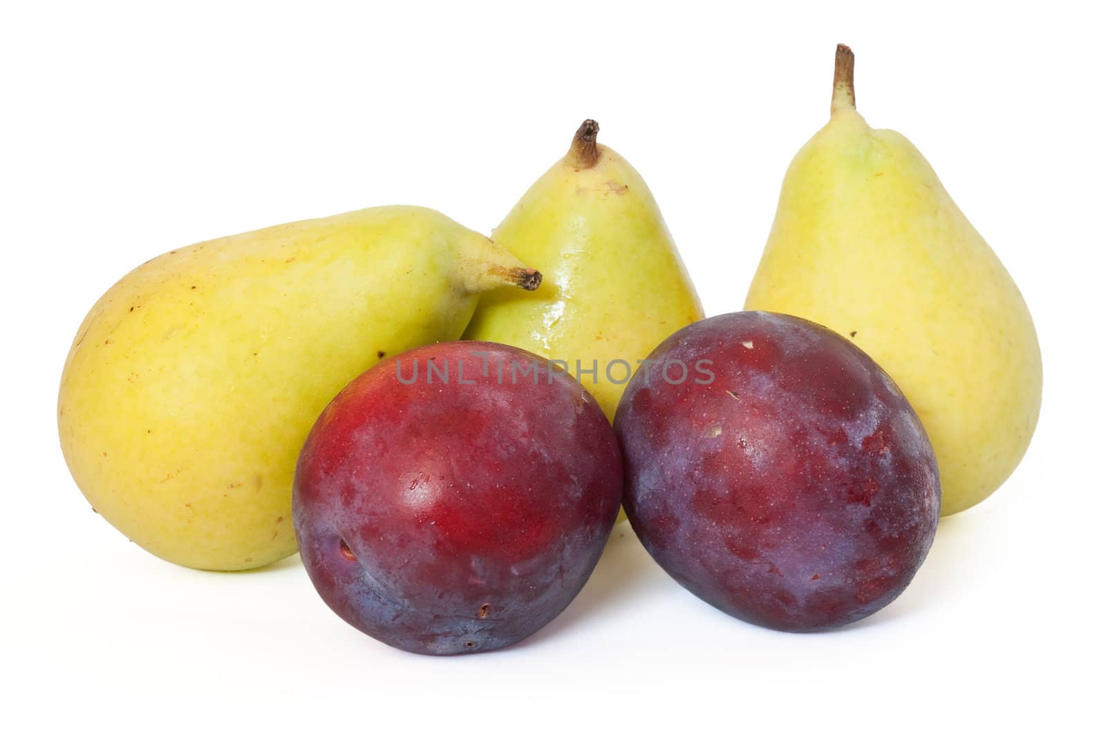 three pears and two plums isolated on white background