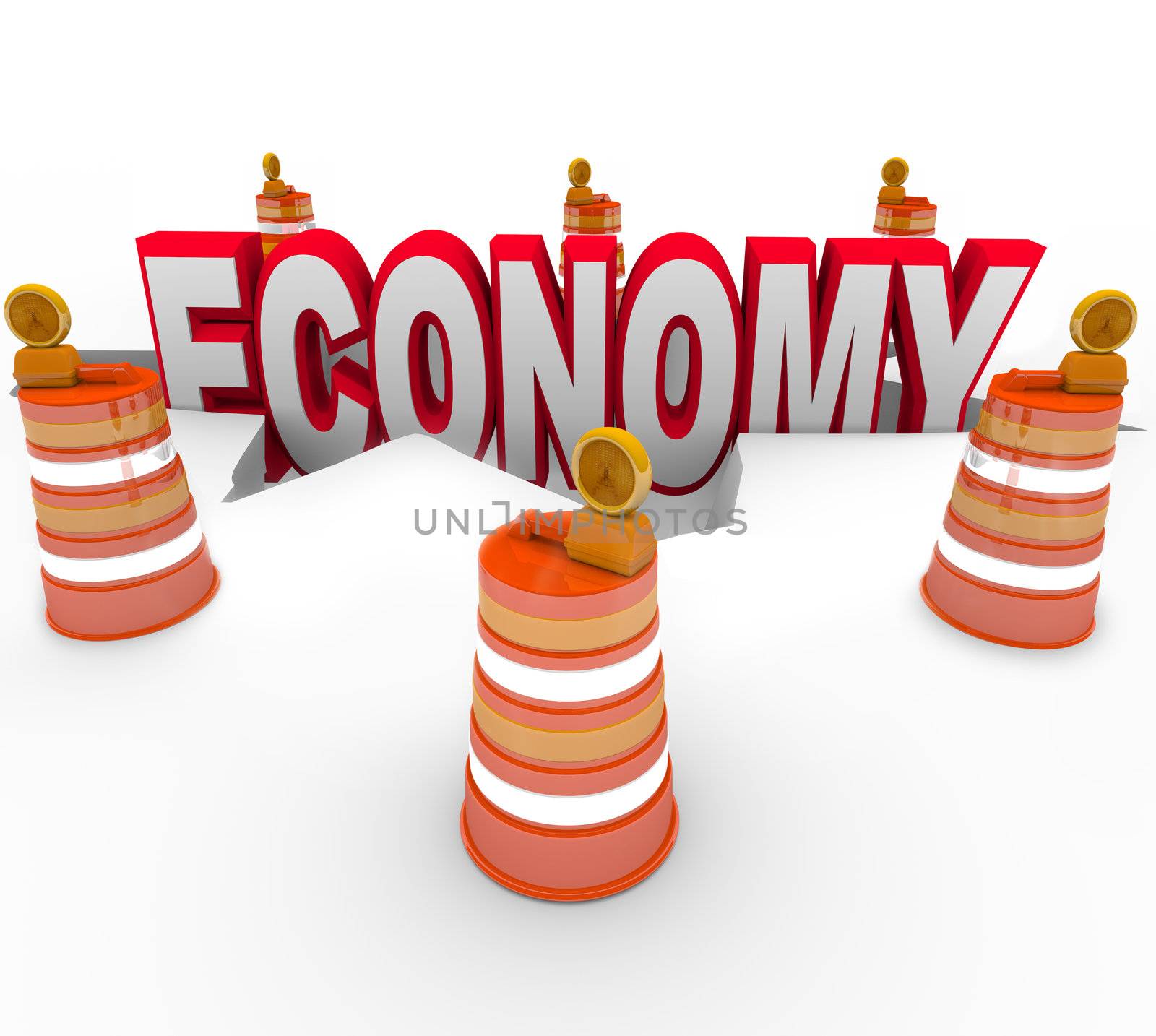 The word Economy falling into a hole symbolizing the financial meltdown that is causing a recession or depression on a global scale