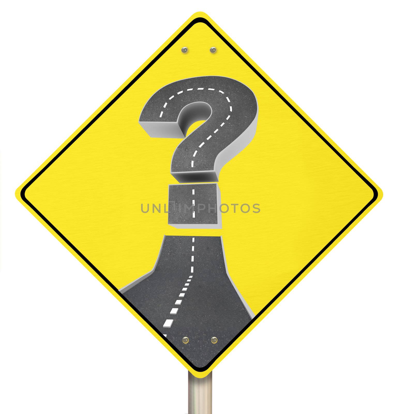 A road and question mark on a yellow warning sign representing confusion and a need to seek answers to your question