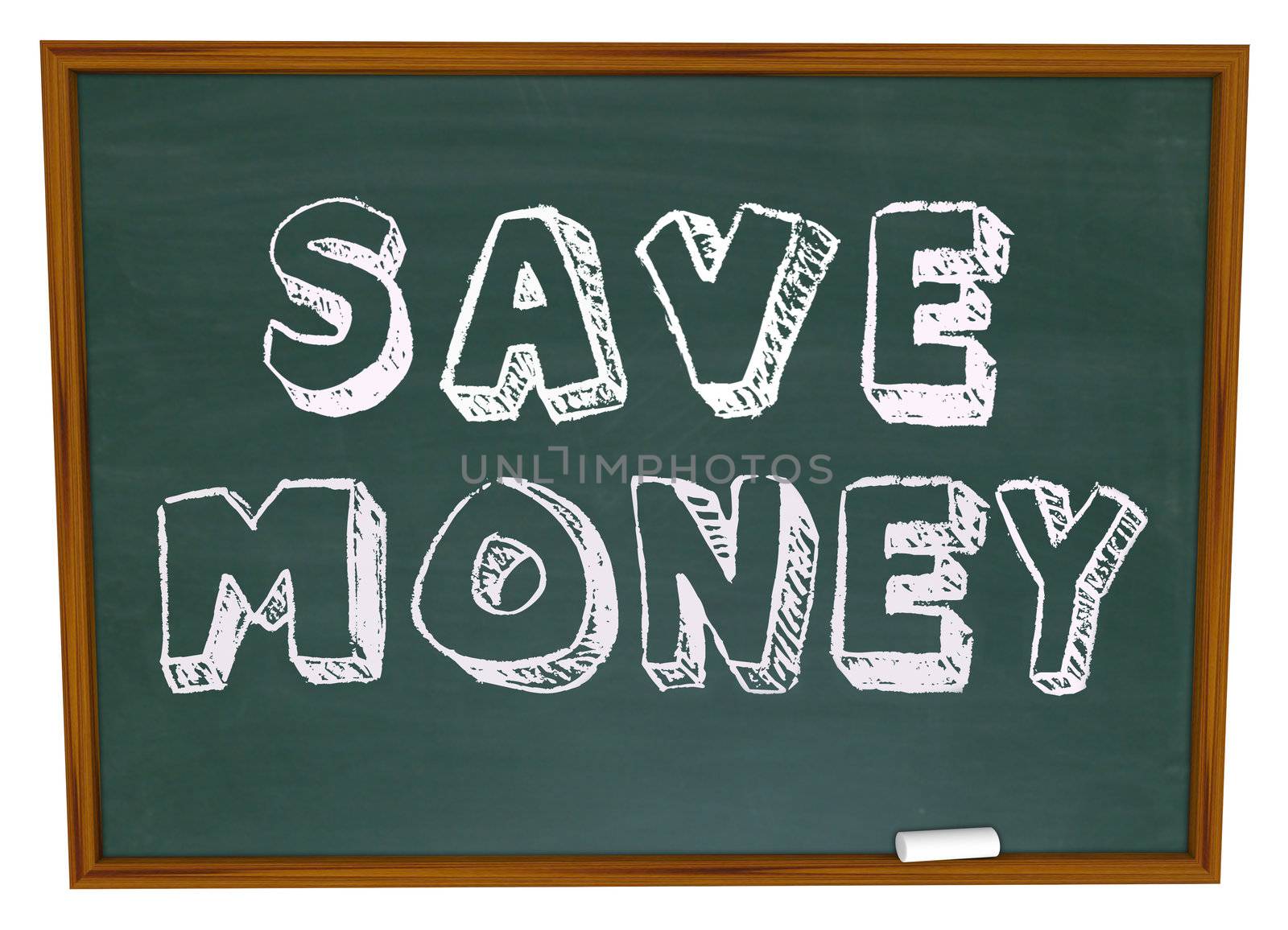 Save Money words on a chalkboard illustrating back to school savings or instructions on how to save on your education costs