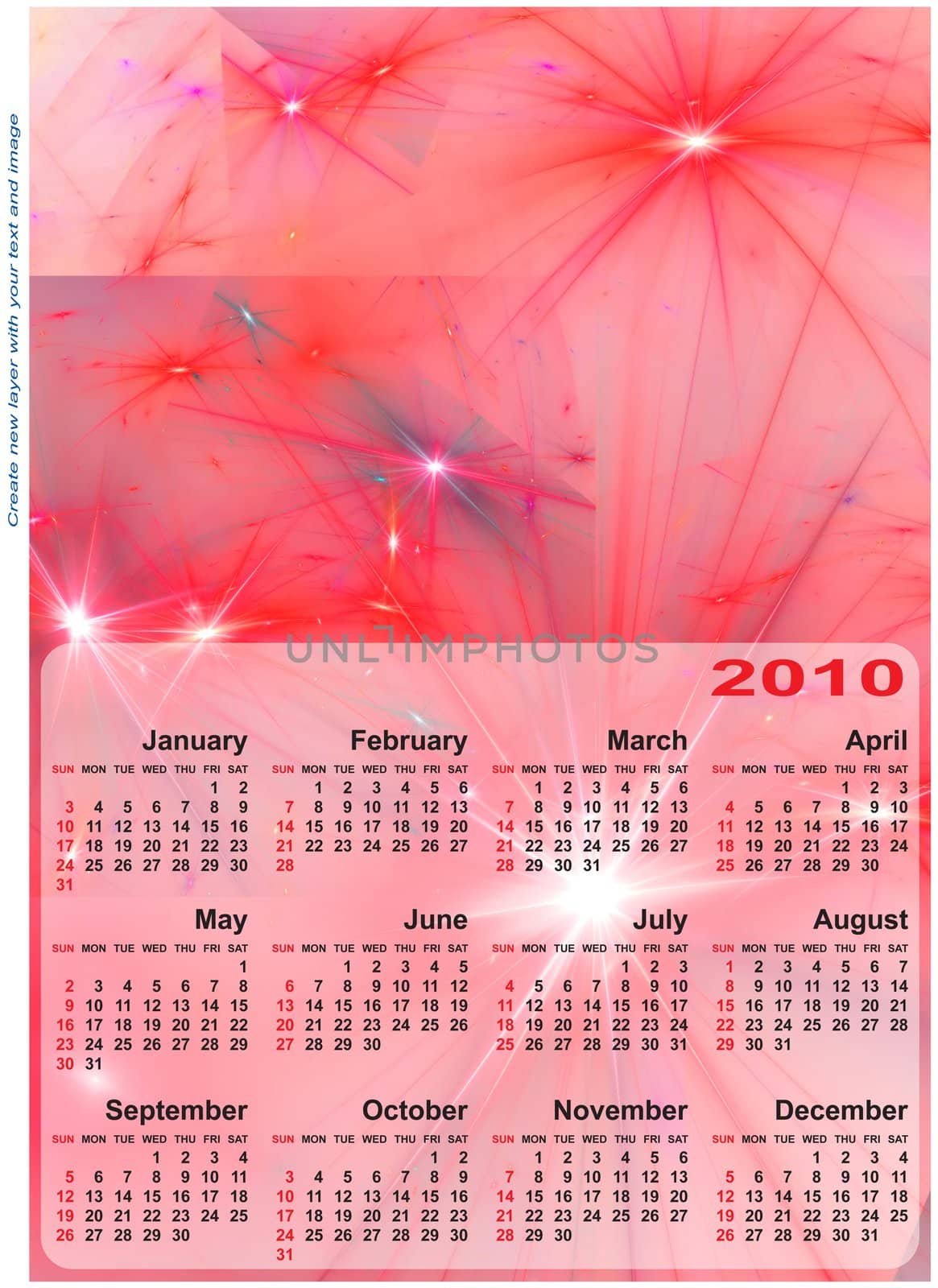 Abstract design template for 2010 calendar. Based on rendering of 3d fractal graphics. For using create new layer with your text and image.