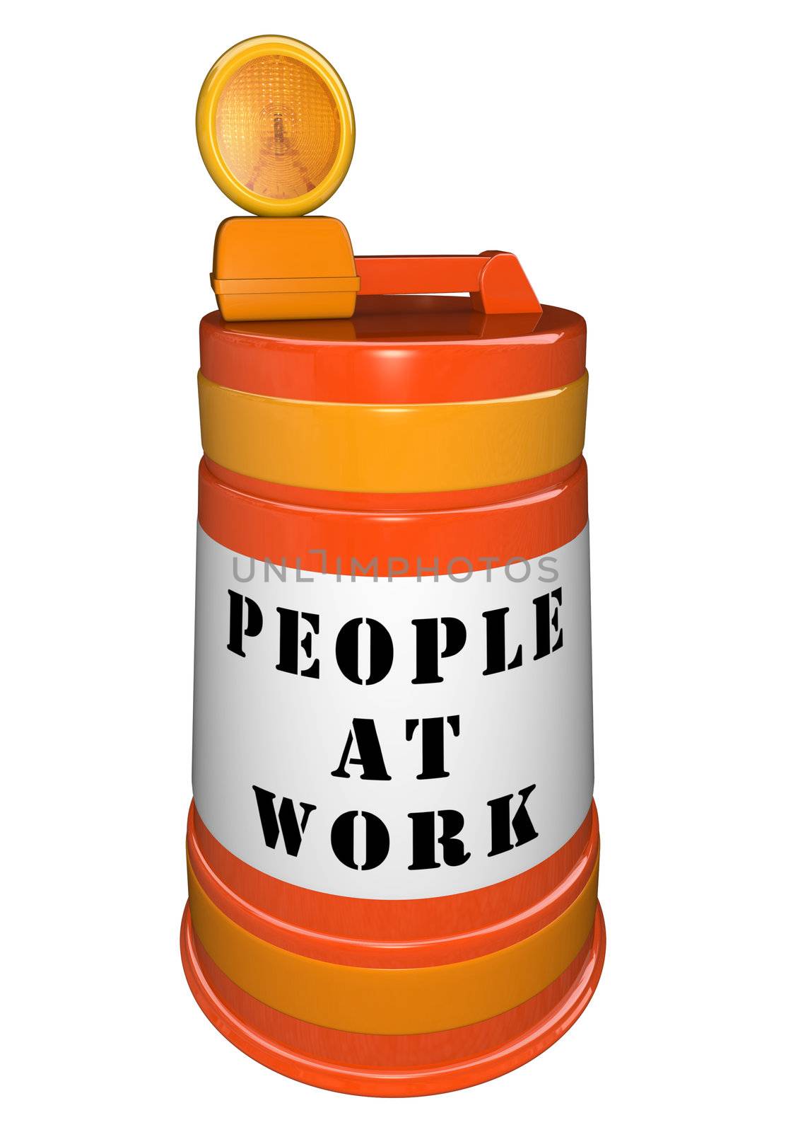 Orange plastic construction barrel with the words People at Work 
