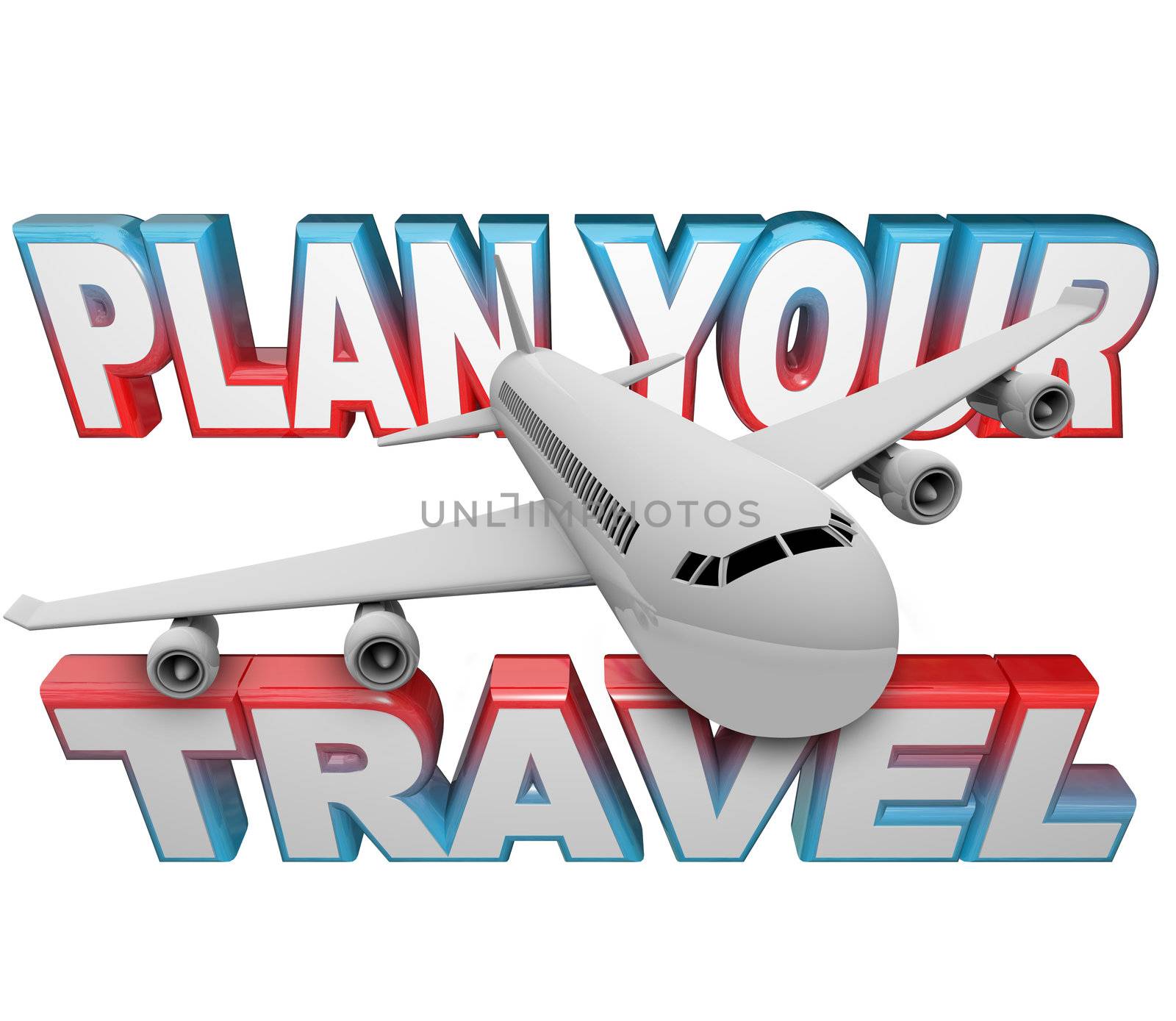 The words Plan Your Travel in the background with a white jet airplane flying above it reminding you to do your planning and set your vacation, holiday or business traveling plans early in advance of your departure date
