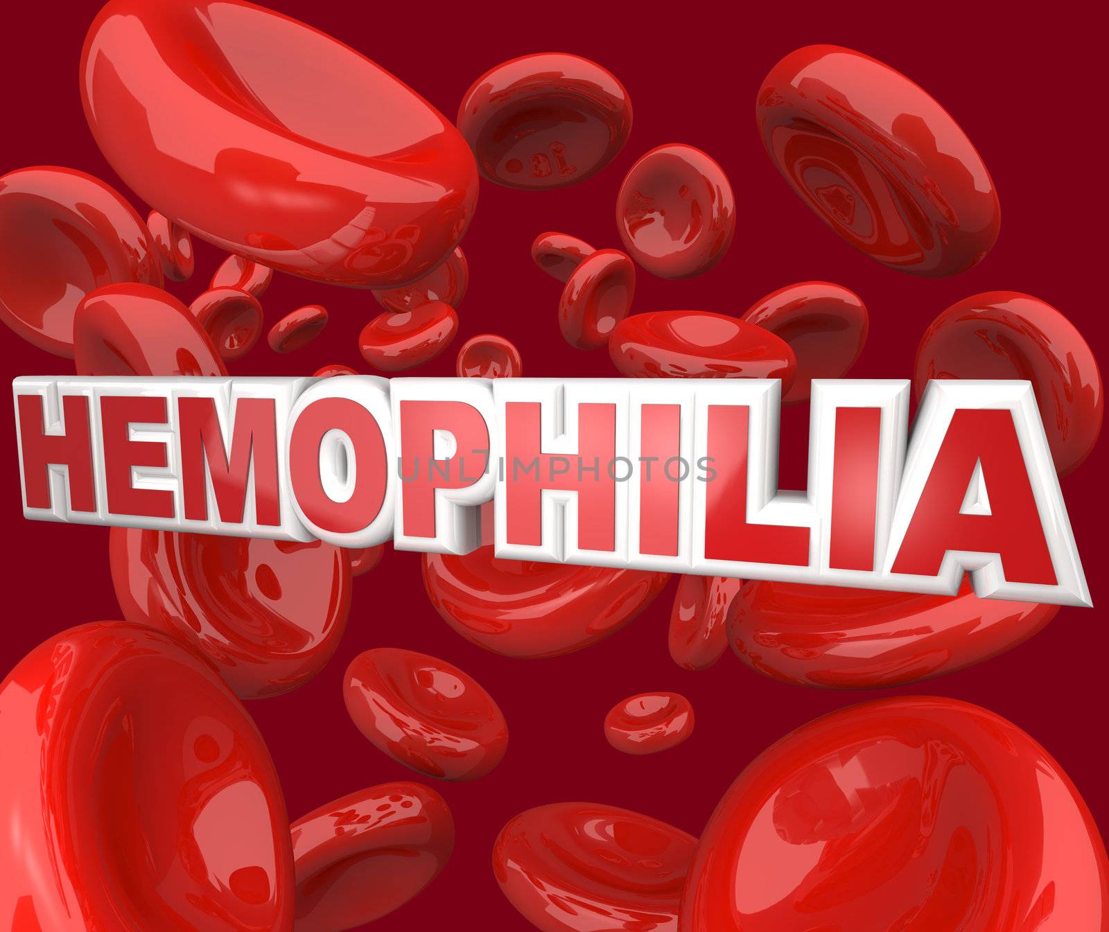 The word Hemophilia in 3D letters floating in an artery blood stream, representing the blood disorder or disease that affects people who cannot form clots to close wounds
