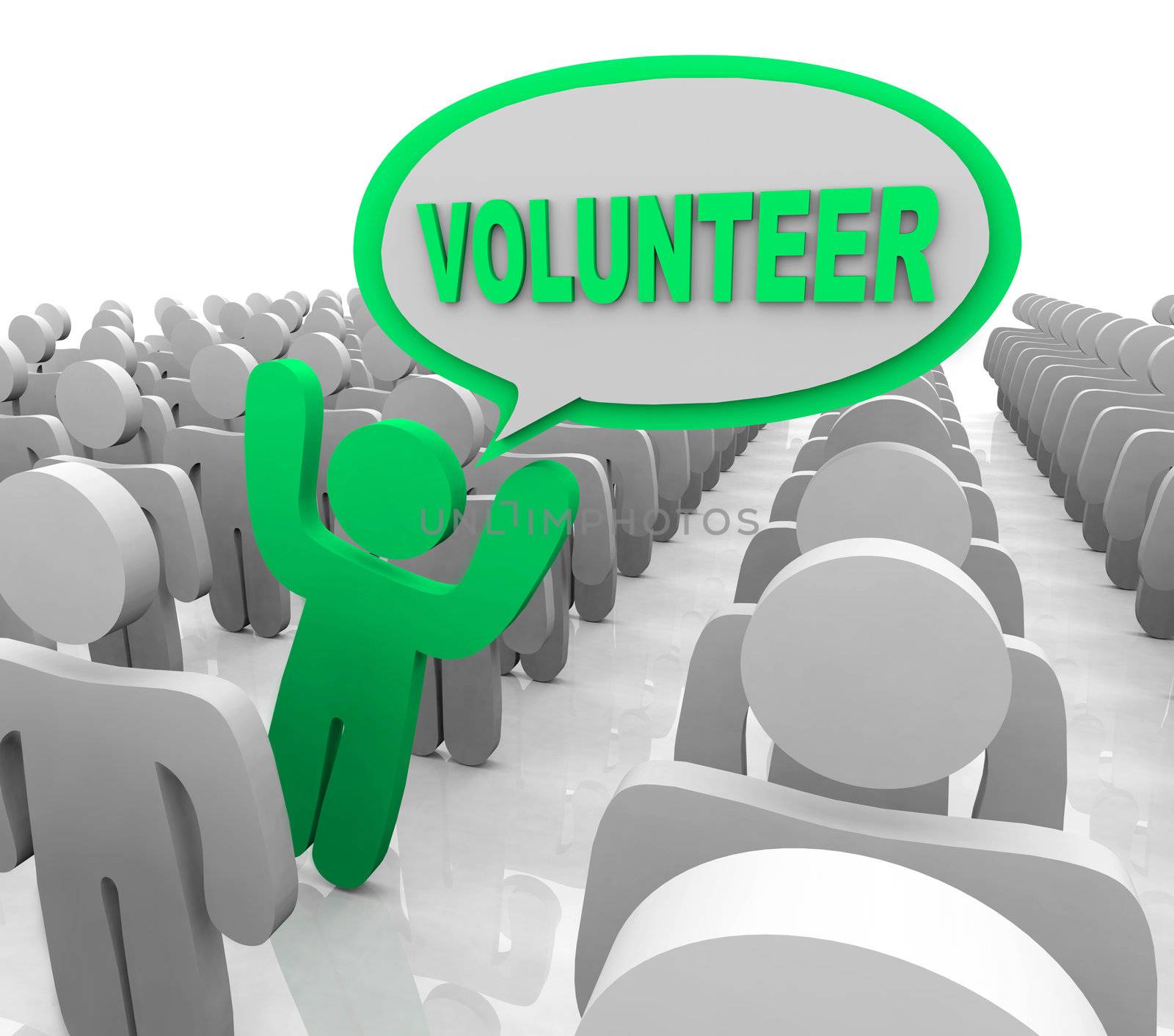 The word Volunteer in a speech bubble spoken by a person who is promoting volunteerism to help others in need