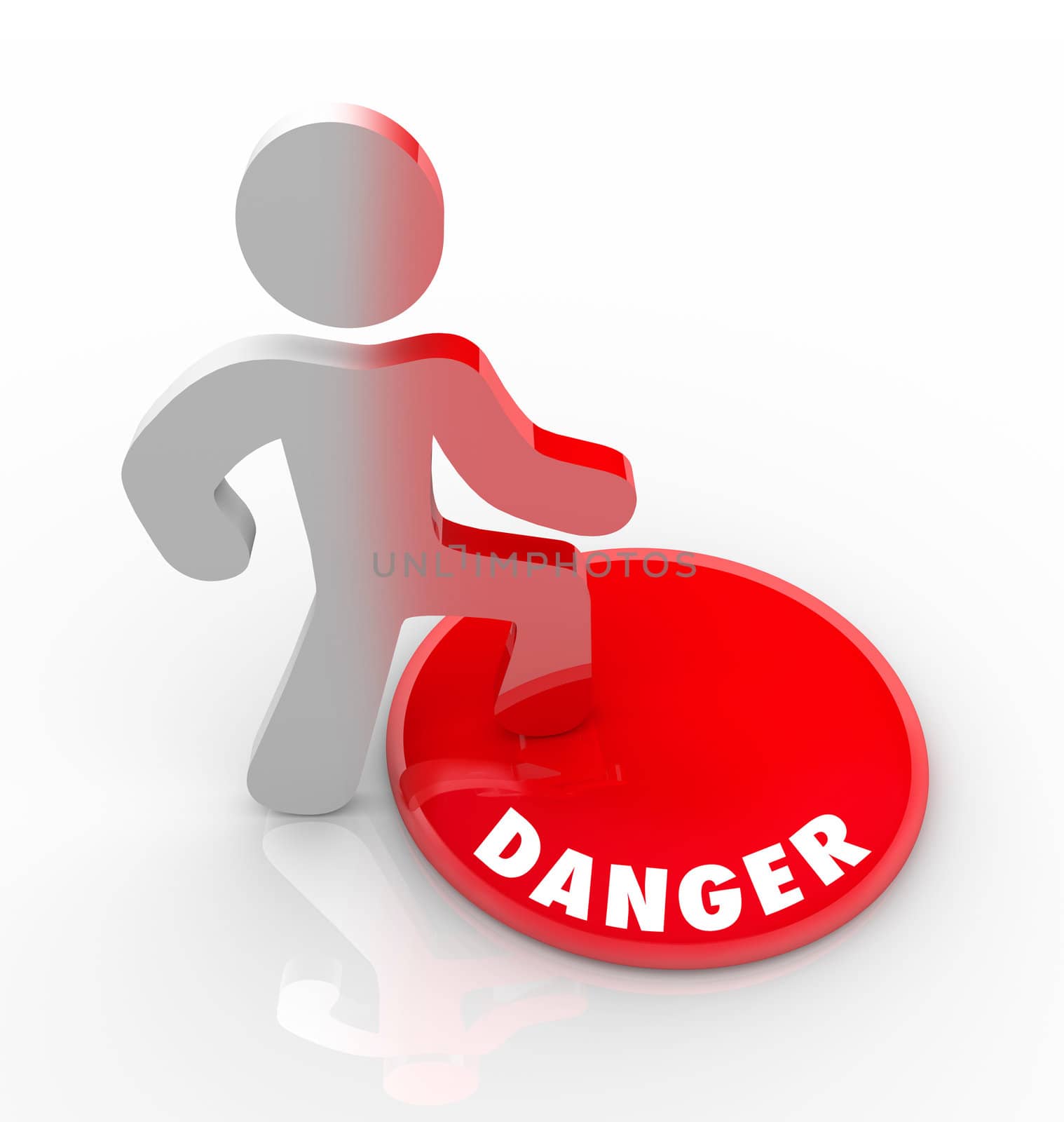 A person stands onto a red button marked Danger and is warned of hazardous conditions in the area