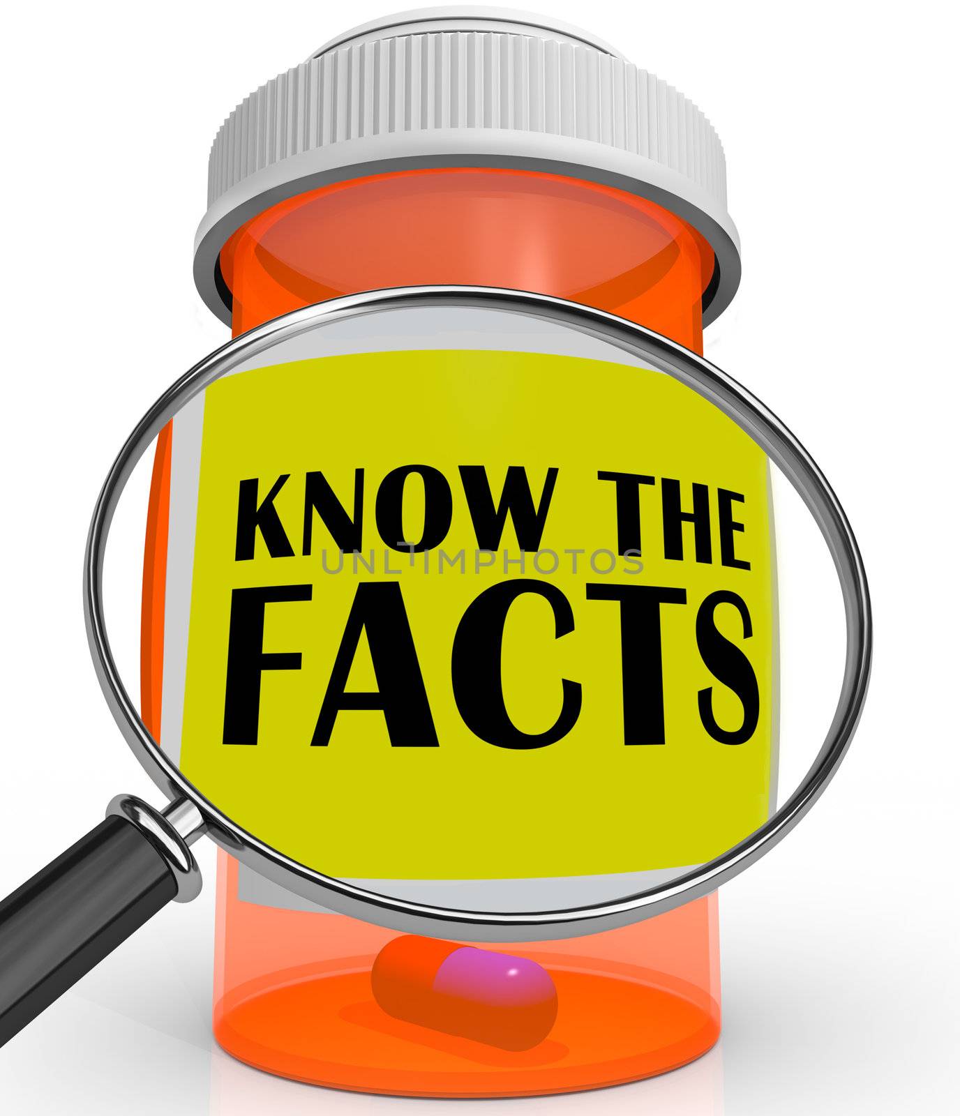 A magnifying glass on a pill bottle showing the words Know the Facts illustrating the importance of researching all the information you can on prescription medicine