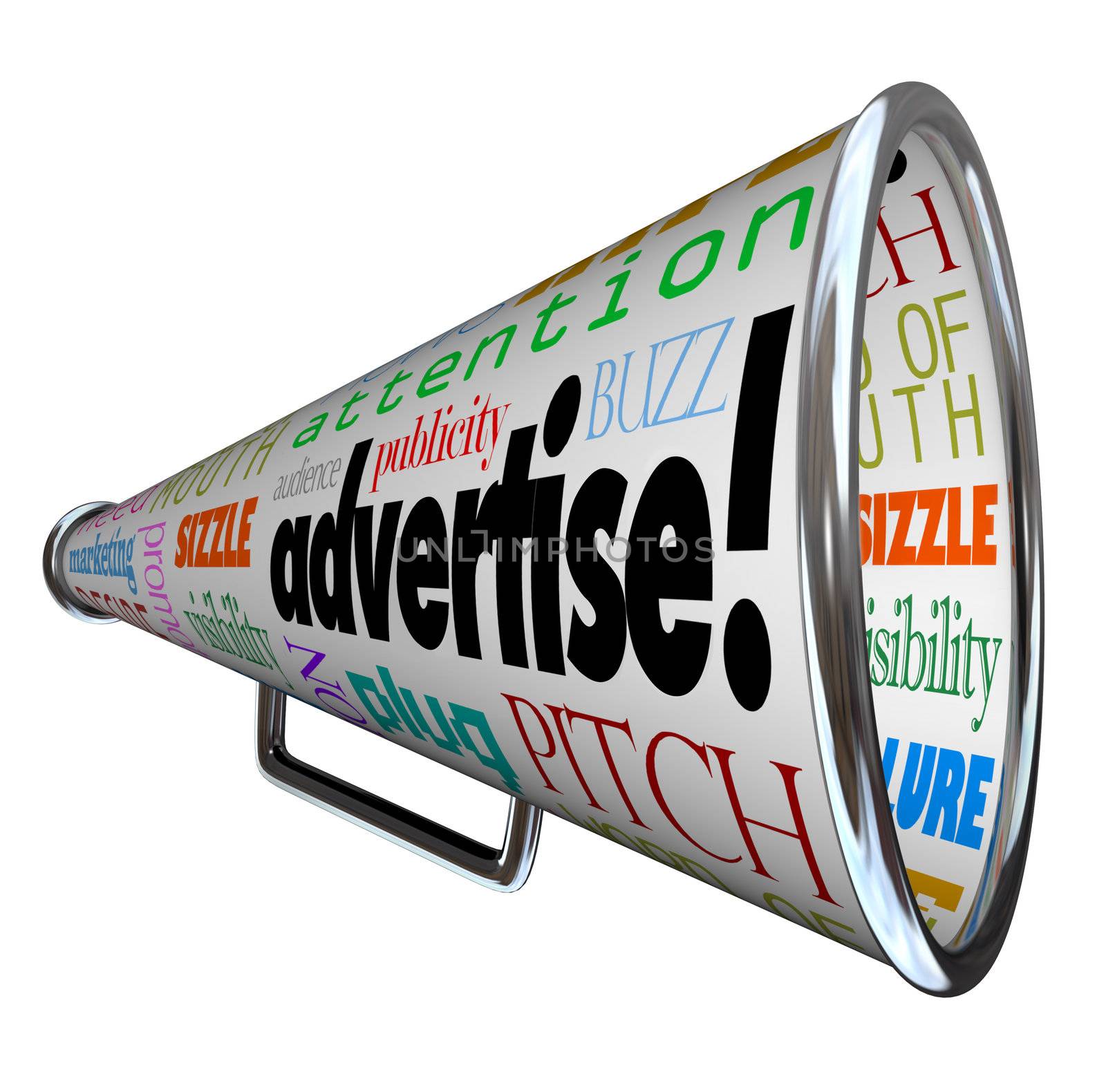 A bullhorn megaphone covered with words describing advertising such as advertise, promotion, public relations, marketing, attention, audience, plug, buzz and many more