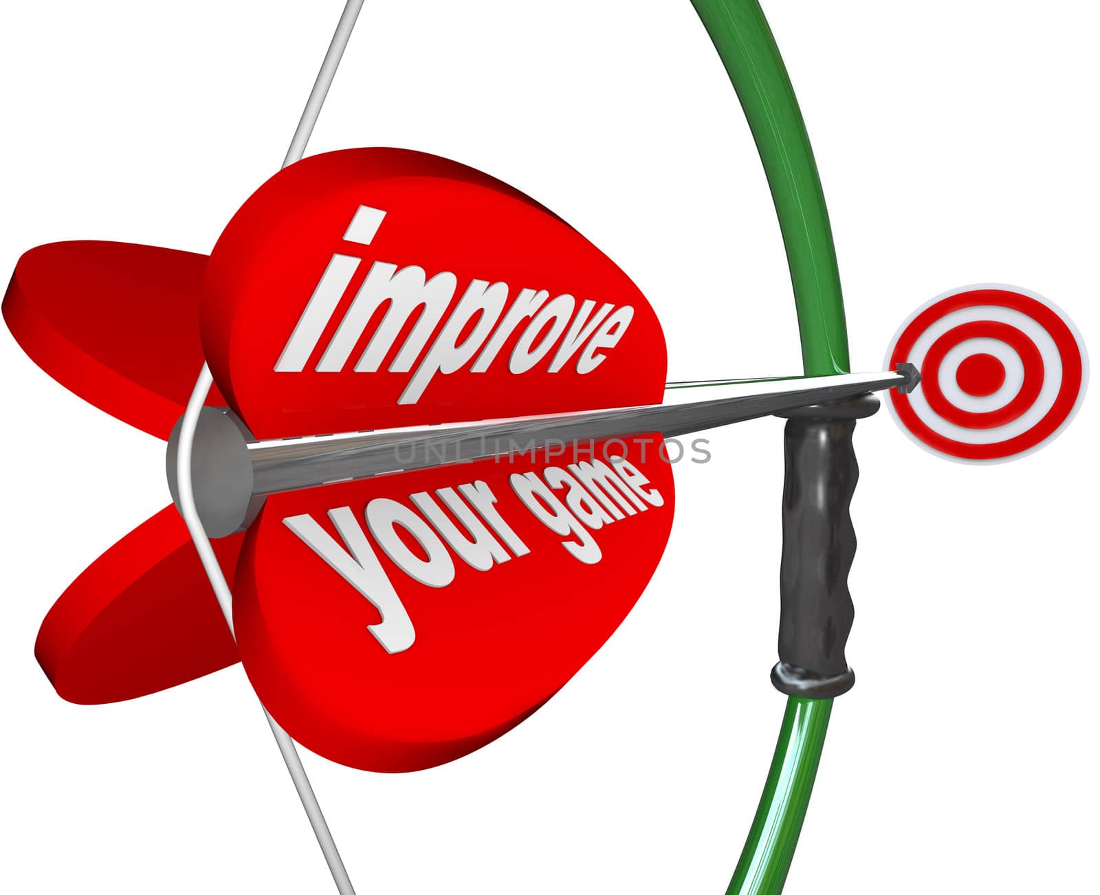 The words Improve Your Game on an arrow and bow aiming at a target representing the improvement of your skills in order to win a competition or achieve success in business or life