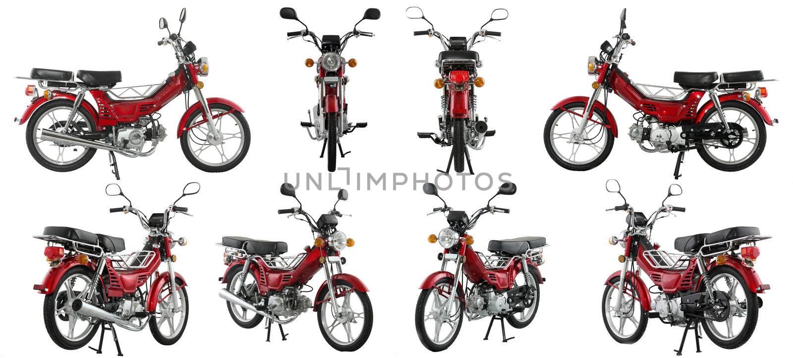 Collection of photos of scooters and motorcycles on a white background. Some images from different foreshortenings in one file.