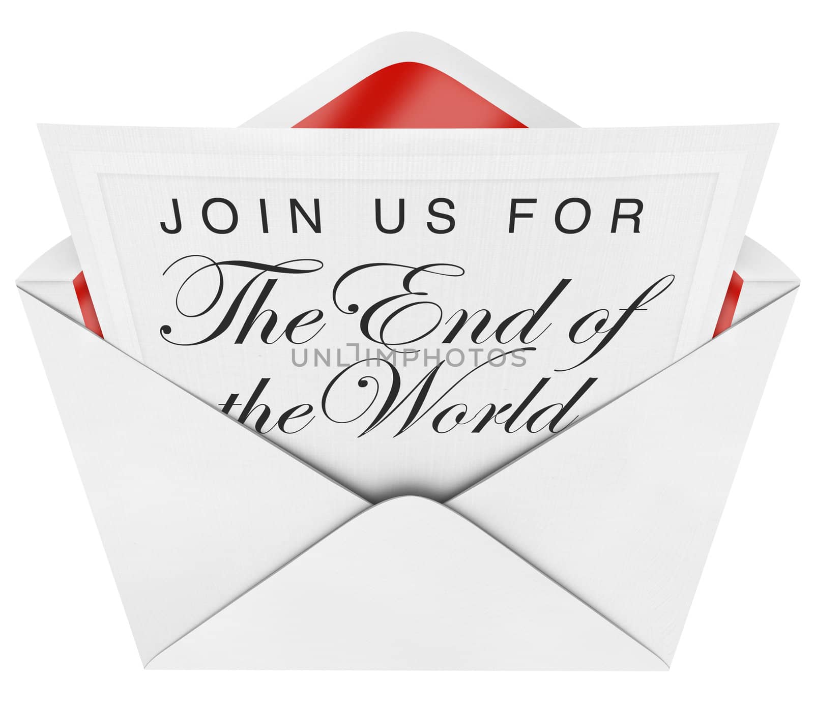 Join Us for the End of the World is written on a formal invitation you have opened in an envelope, warning you that the apocalypse, rapture or end of days is imminent