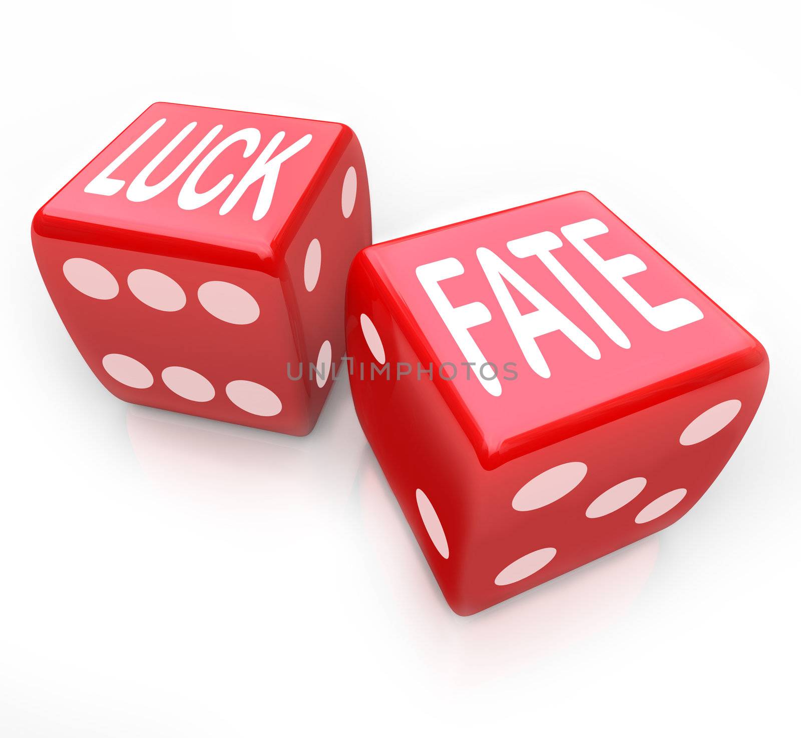 Two red dice featuring the words Luck and Fate representing putting your future at risk when you gamble for money in a game of chance and fortune