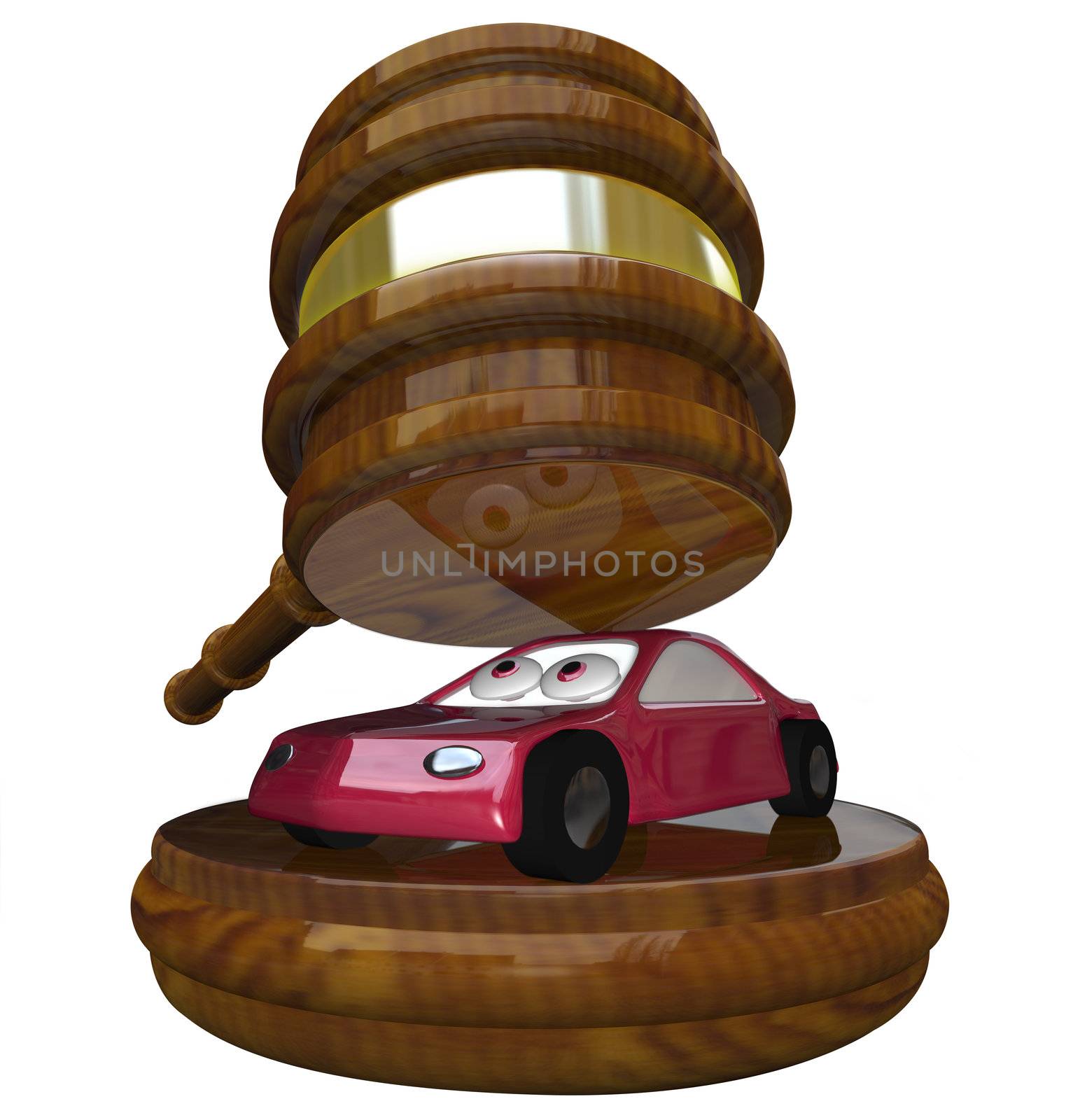 A red 3d illustration of a car under a gavel symbolizing someone who has gone bankrupt or fallen behind on payments and is losing a vehicle to being reposessed or seized as part of a court settlement