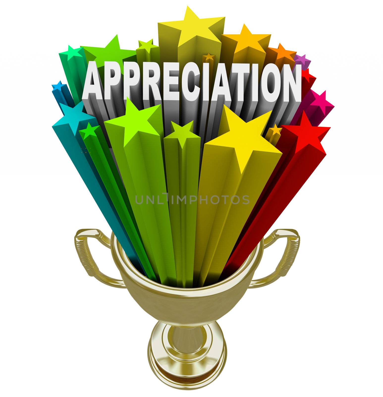 An employee, customer or partner is awarded with this golden trophy with stars and the word Appreciation shooting out of it in recognition of outstanding effort, loyalty or hard work performed on a difficult task