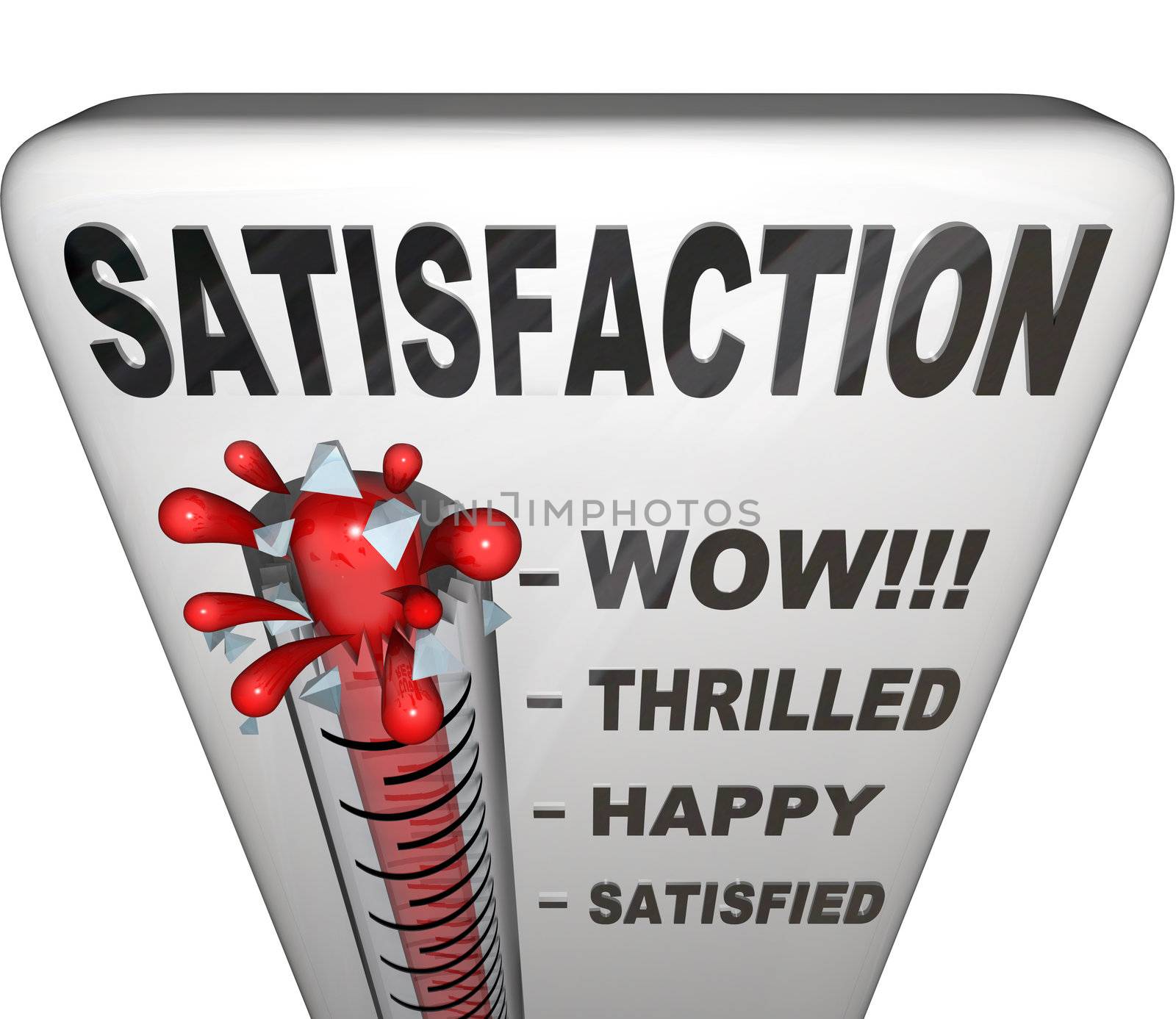 A thermometer topped with the word Satisfaction measures the happiness a person or customer has with his or her experience in a retail or other environment, with the mercury rising past levels for satisfied, happy, thrilled and wow