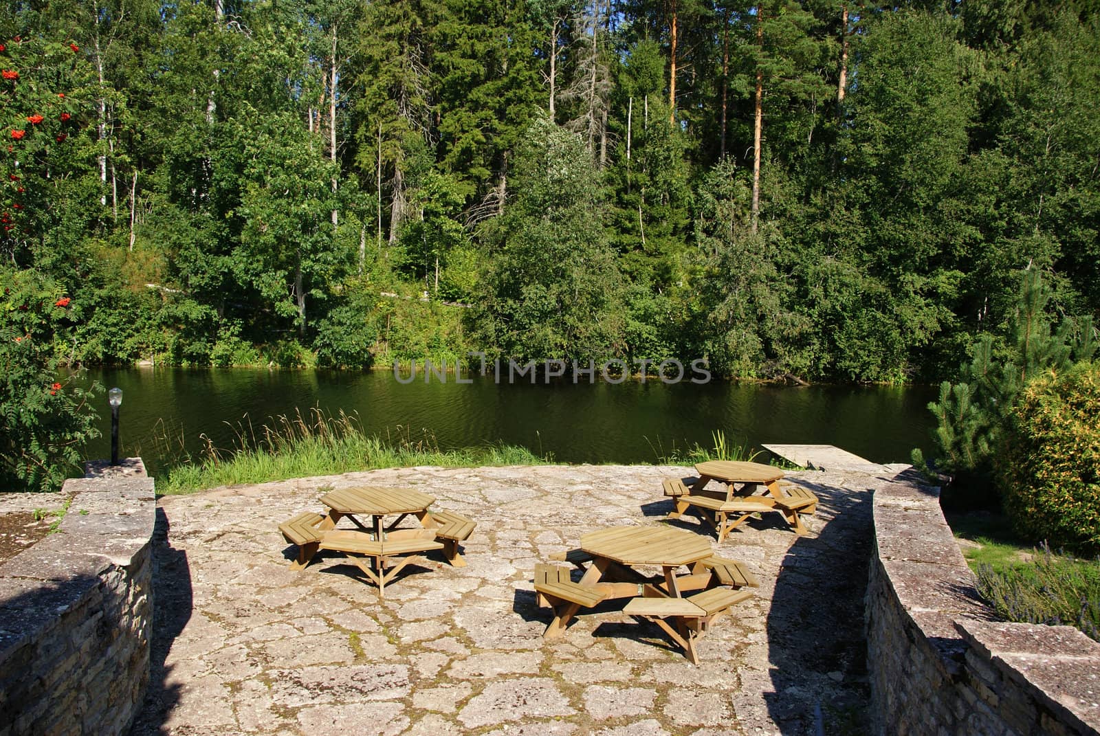 Tables and benches on the side of the pond