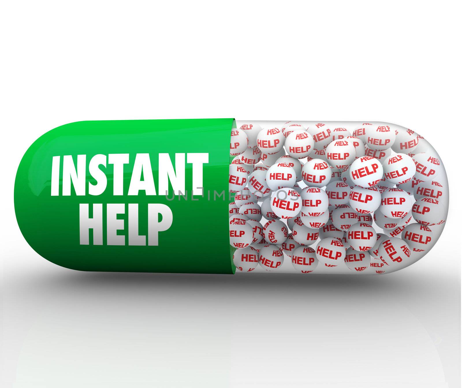 A green capsule pill with the words Instant Help filled with medication balls reading Help, illustrating the quick relief that the right pharmaceutical medicines can provide when your ill or in pain or discomfort