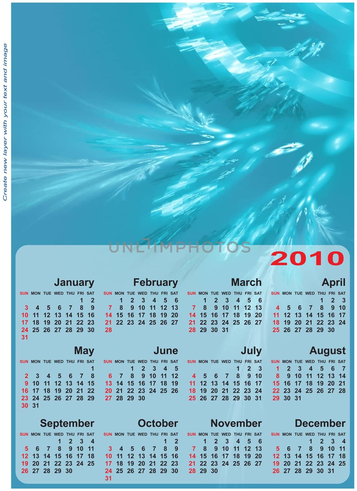 Abstract design template for 2010 calendar. Based on rendering of 3d fractal graphics. For using create new layer with your text and image.