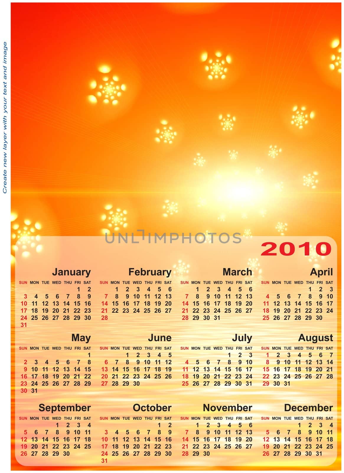 Abstract design template for 2010 calendar. Based on rendering of 3d fractal graphics. For using create new layer with your text and image.