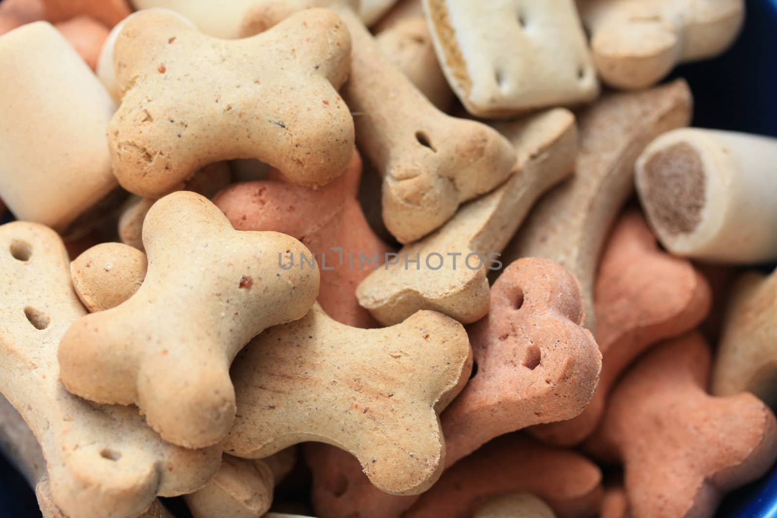 Crunchy dog cookies or biscuits in different shapes and colors and maybe tastes too...