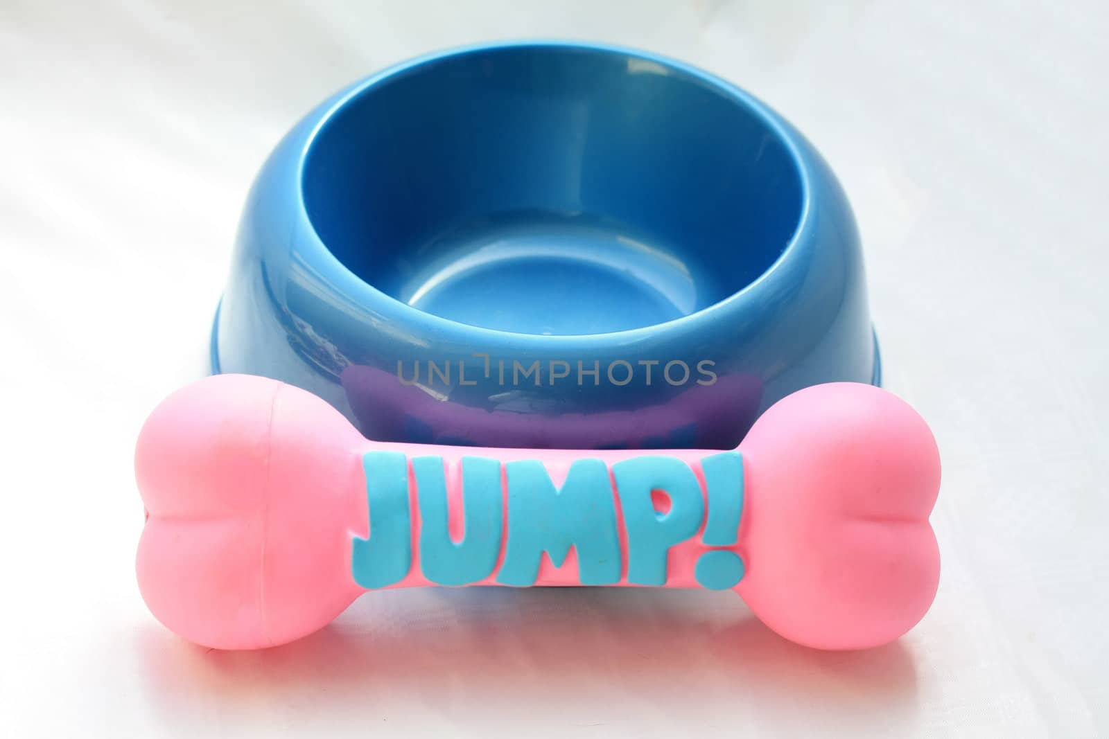 Blue dog bowl with pink plastic toy bone