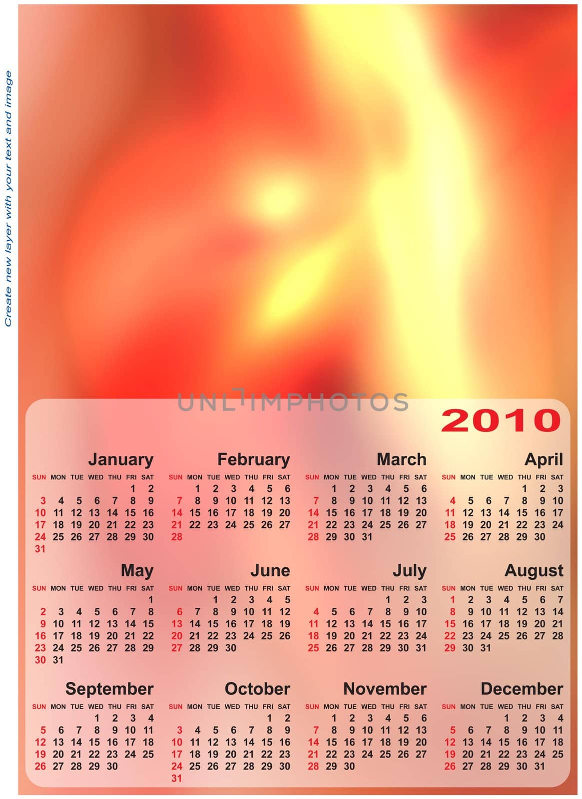 Abstract design template for 2010 calendar. Based on rendering of 3d fractal graphics. For using create new layer with your text and image.