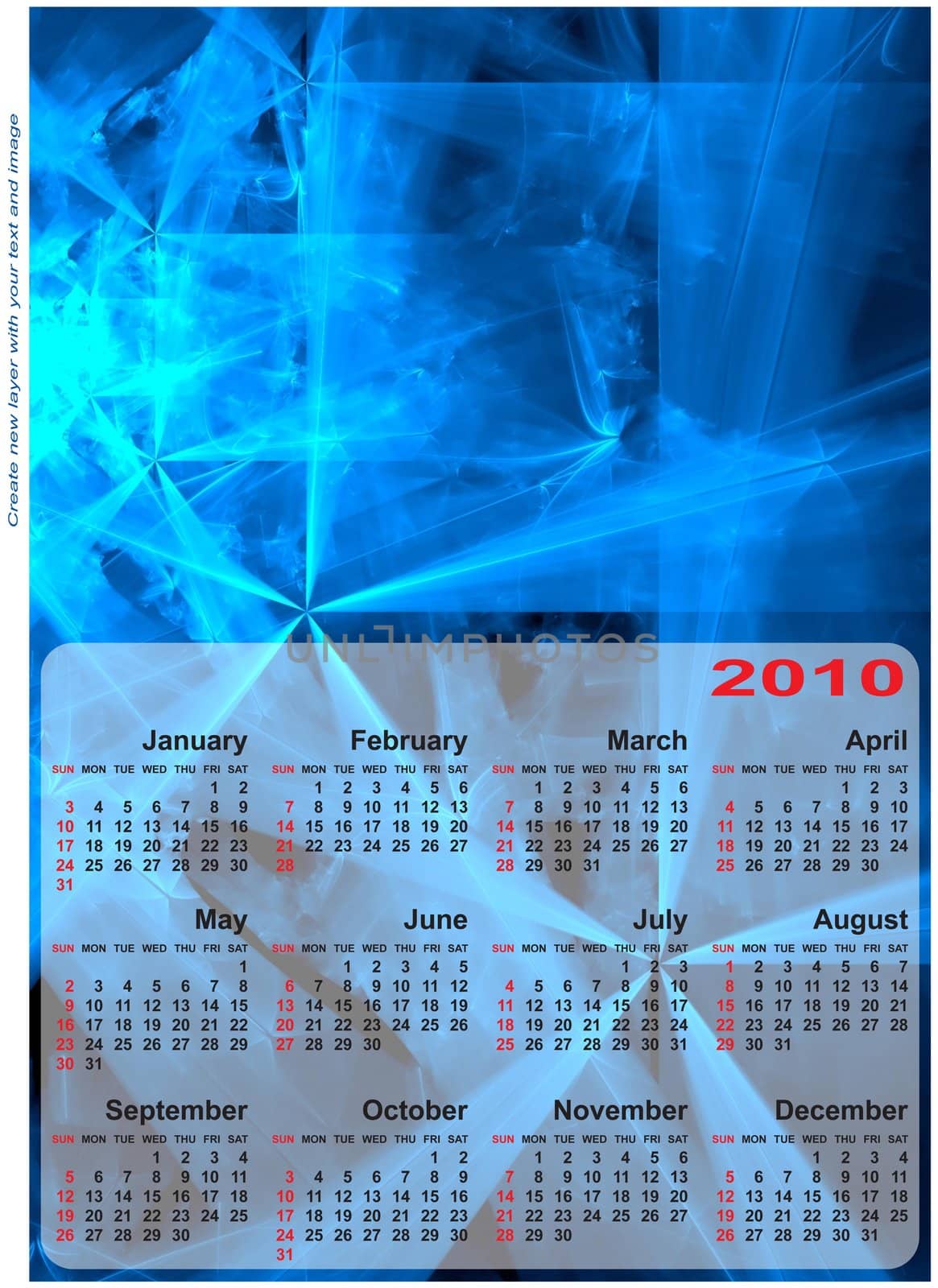 Abstract design template for 2010 calendar. Based on rendering of 3d fractal graphics. For using create new layer with your text and image.