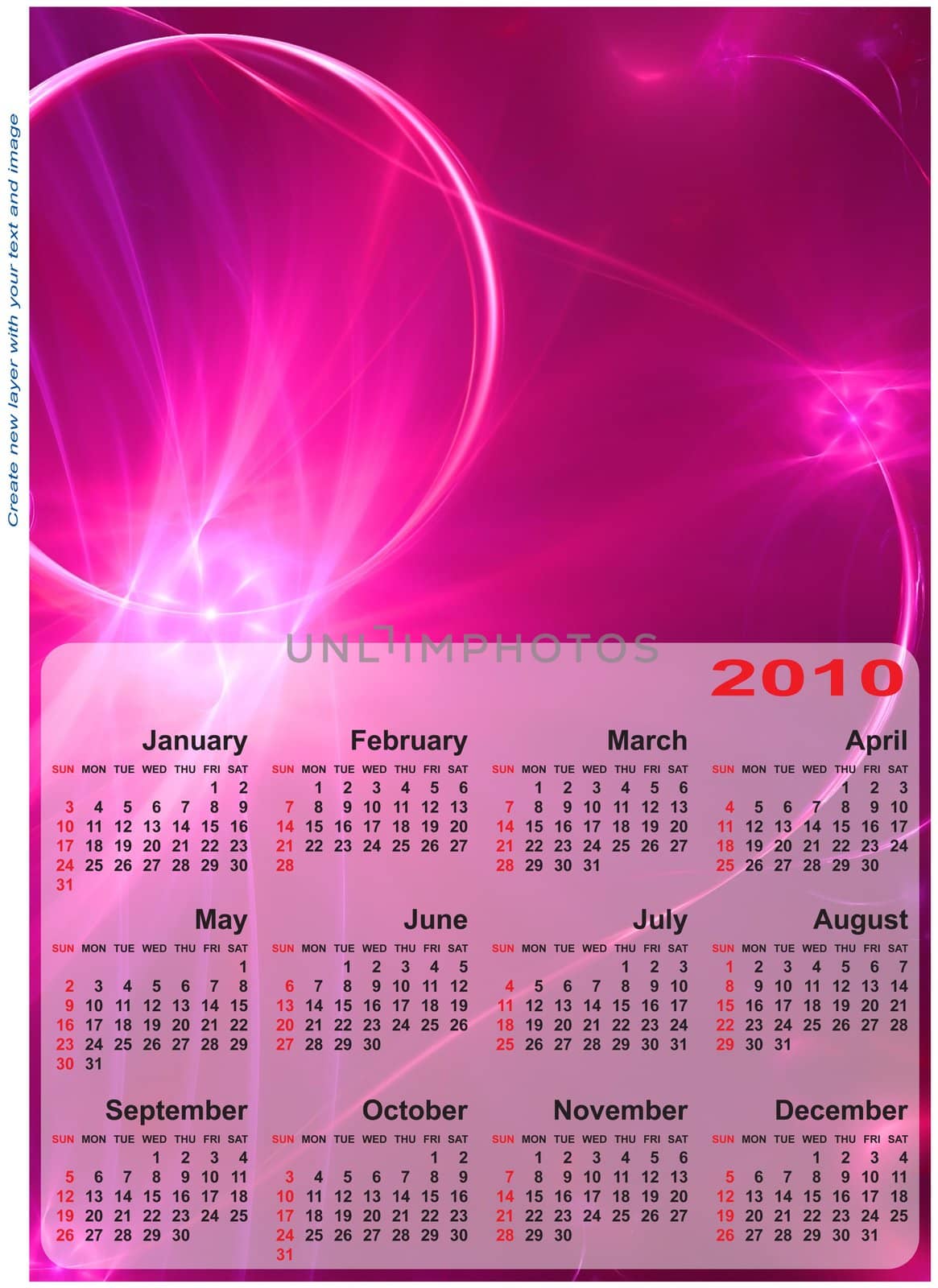 Abstract design template for 2010 calendar. Based on rendering of 3d fractal graphics. For using create new layer with your text and image.