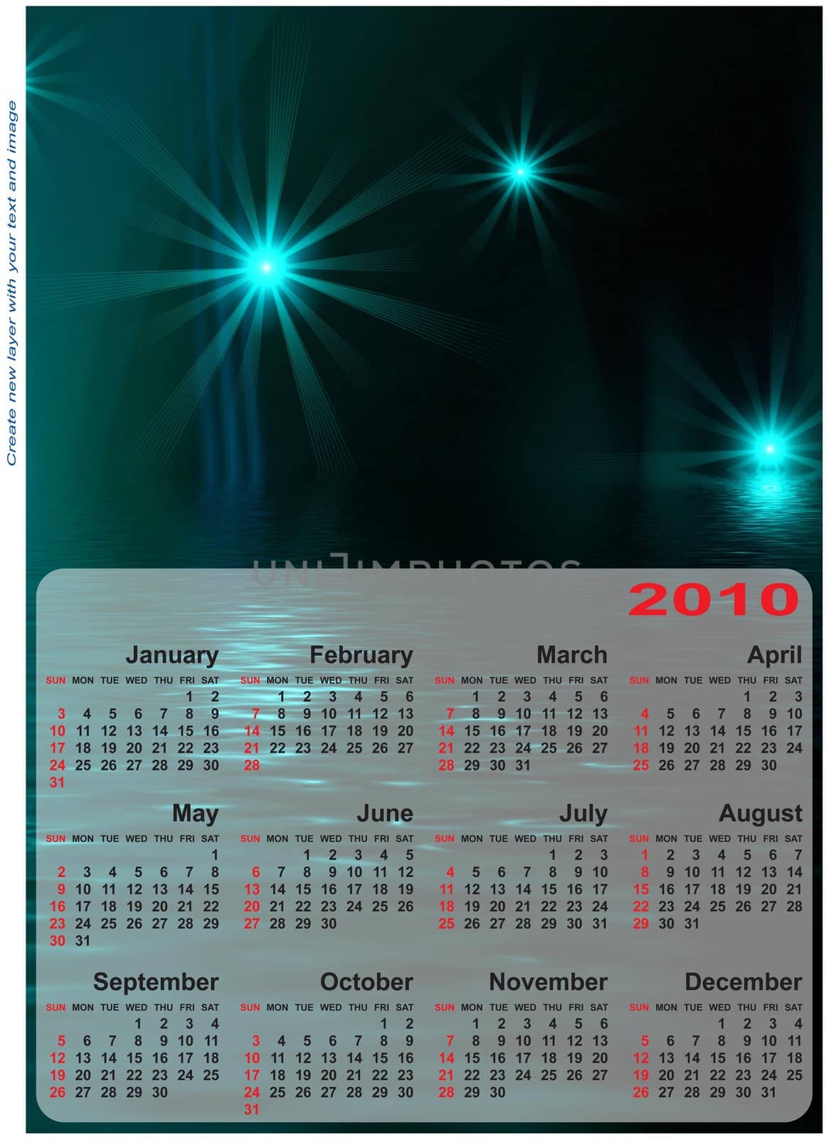 Abstract design template for 2010 calendar. Based on rendering of 3d fractal graphics. For using create new layer with your text and image.