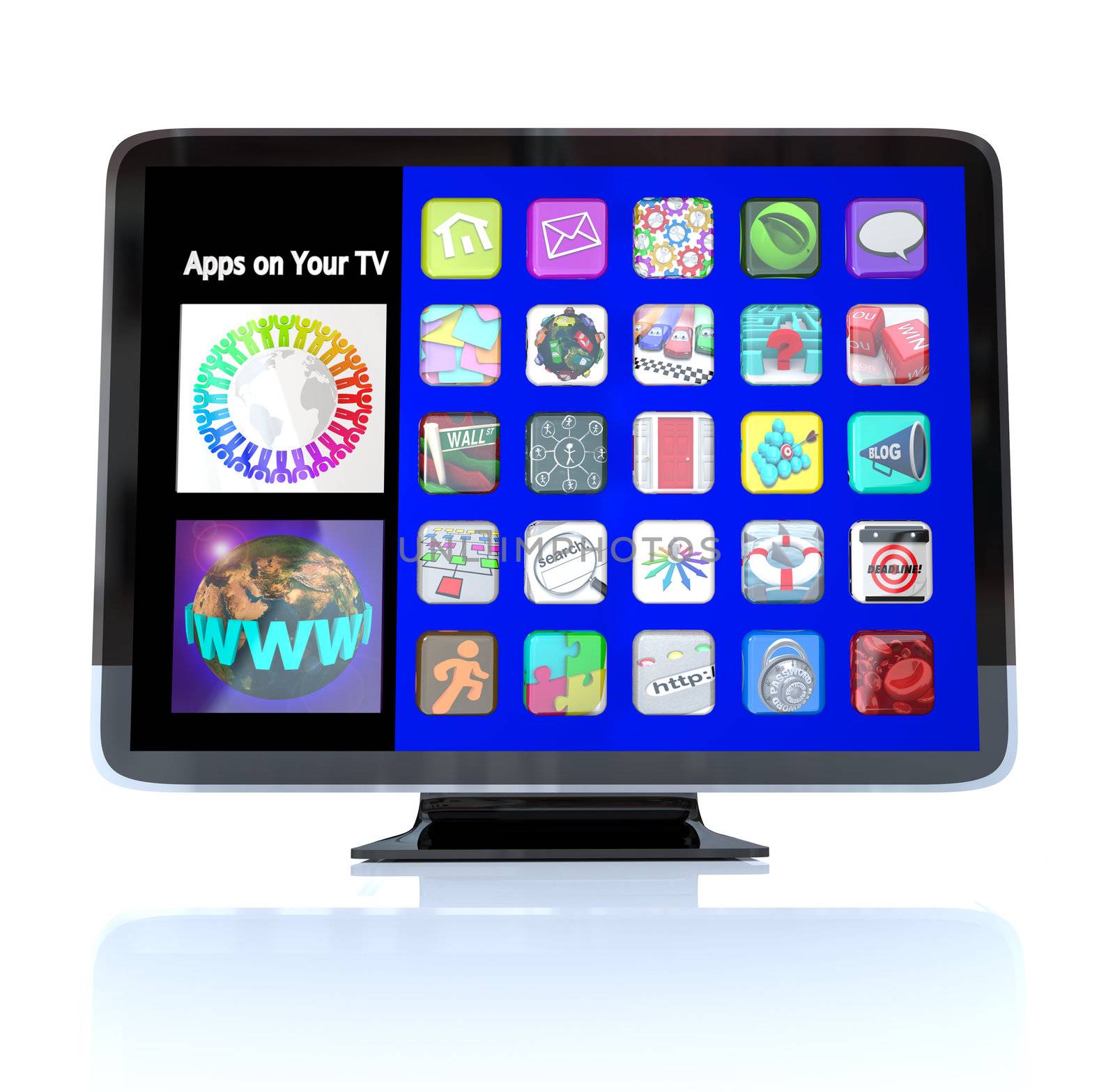 A HDTV television with a menu of application app icons on screen representing a wide range of options for watching entertainment or some form of multimedia