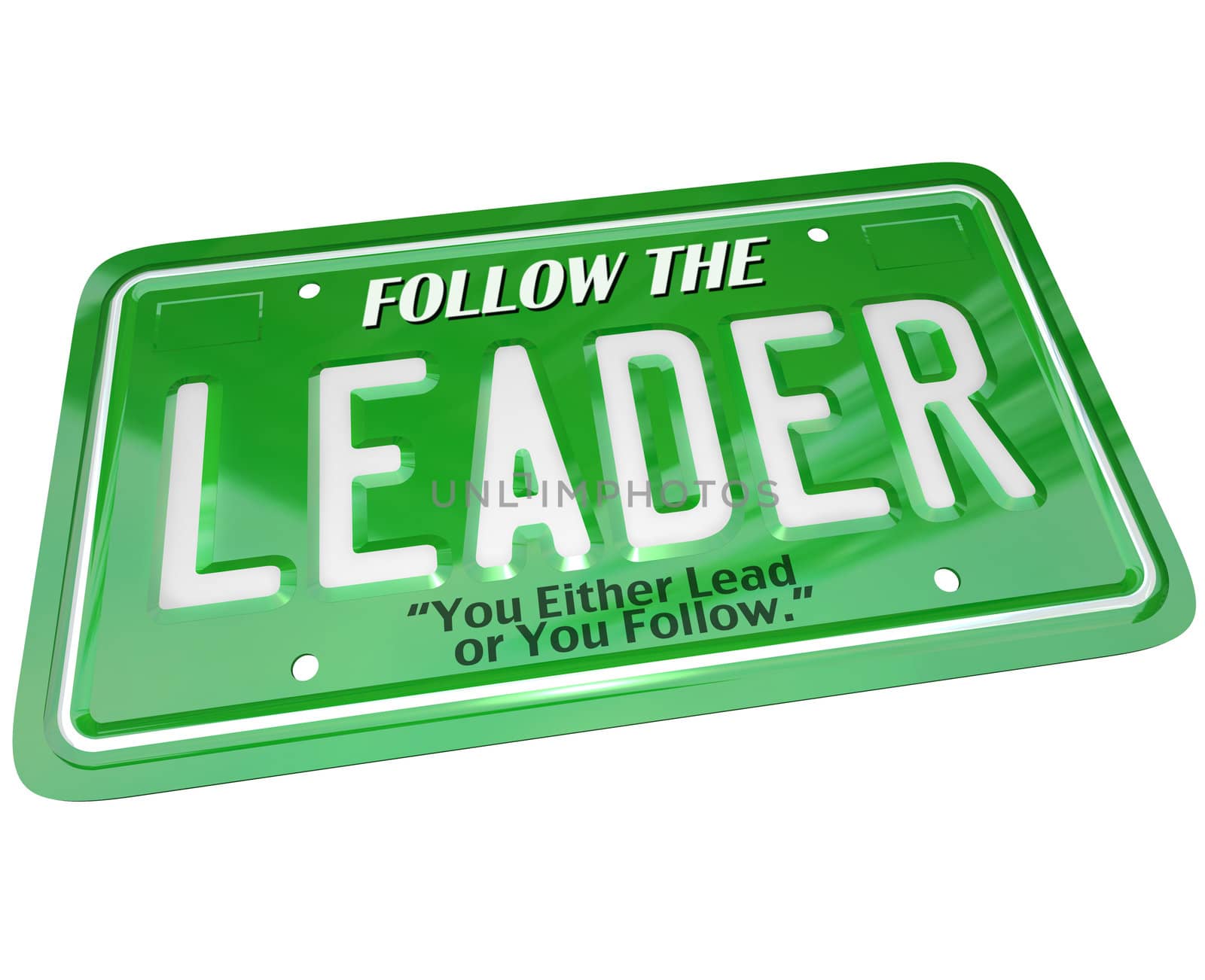 A green license plate featuring the word Leader representing a top executive or manager taking the lead in front of a group or just driving down a road or highway