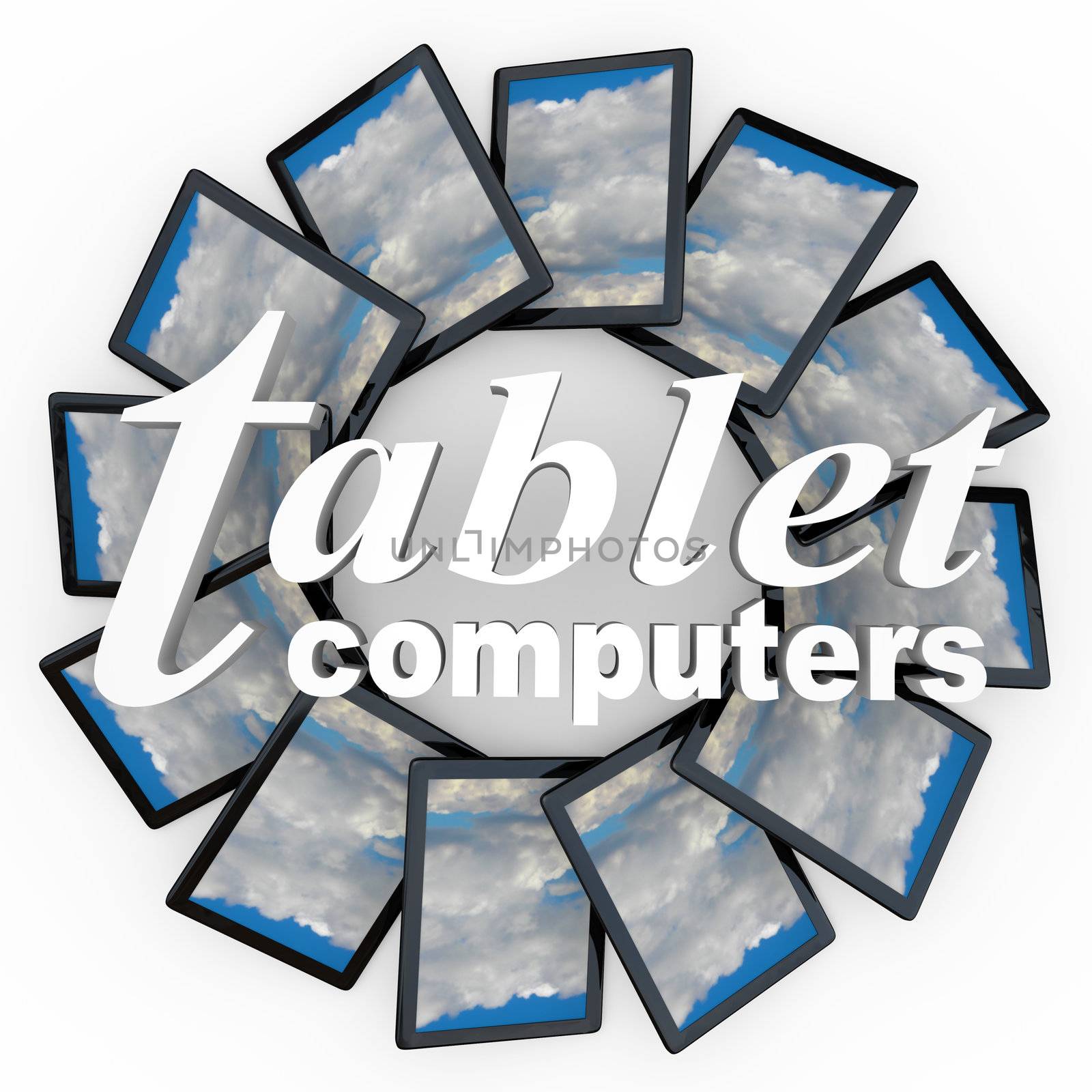 Several tablet computers in a circular pattern representing the latest technology devices to help you with web browsing, applications, reading digital books and more