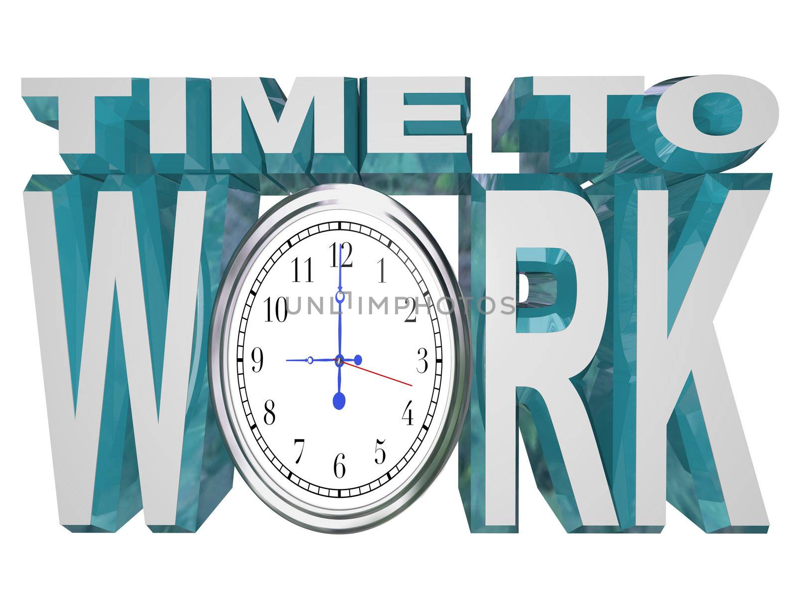 The words Time to Work with a clock face in place of letter O, illustrating the encouragement a manager or leader would give to his or her team to motivate them to get working