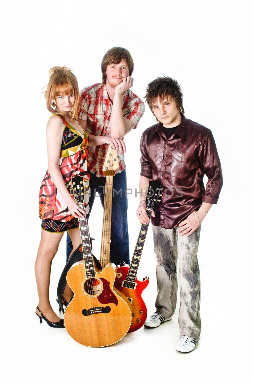 Music rock-band with guitars on isolated white background